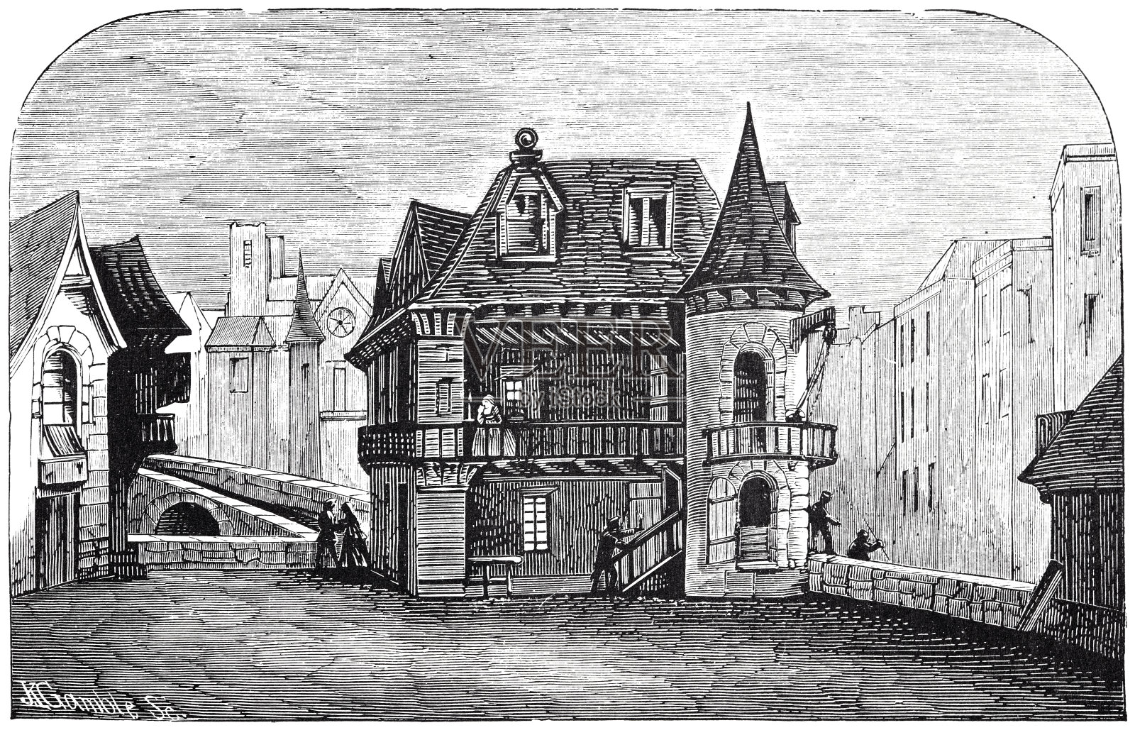 巴黎圣母院桥上的房子插画图片素材