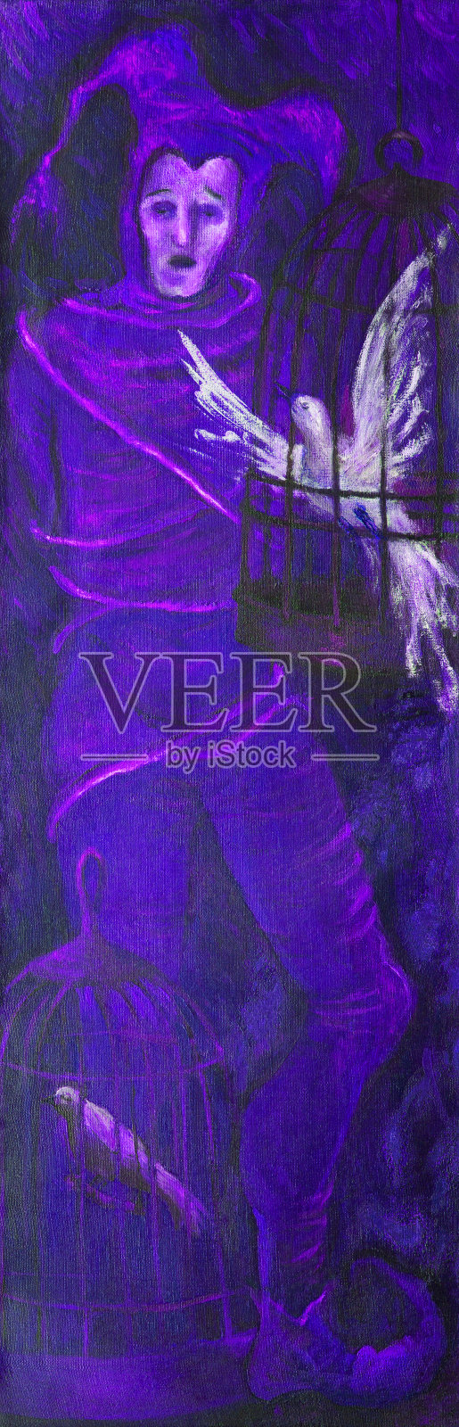 图中是一个穿着戏服的小丑,被绳子绑着,在笼子里唱歌的小鸟,奔向自由。这是象征主义风格的肖像插画图片素材