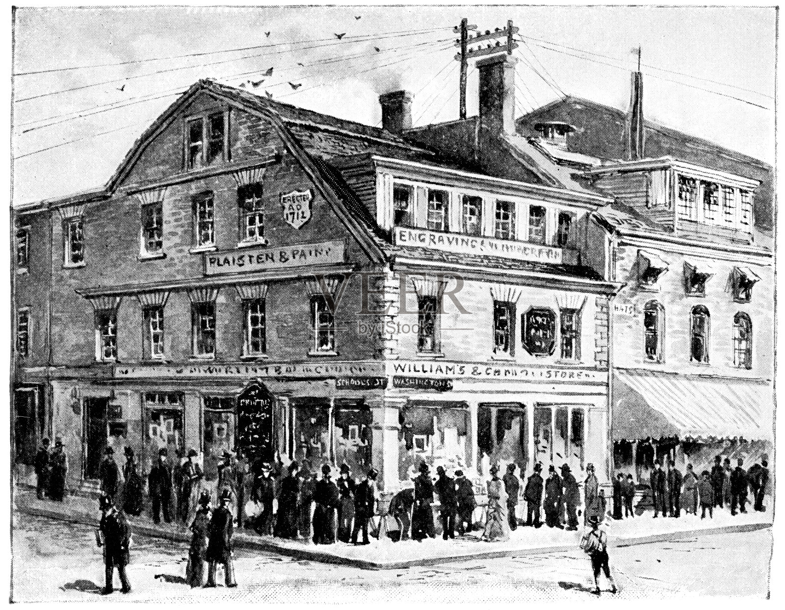 旧角书店在波士顿,马萨诸塞州,美国- 19世纪插画图片素材