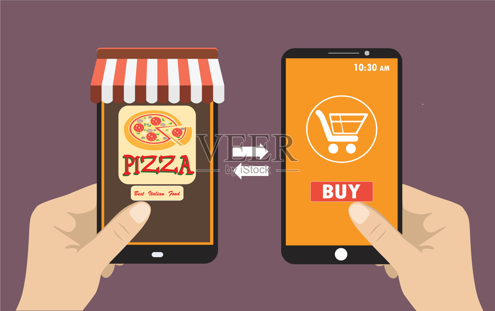 手持智能手机点披萨用插画图片素材