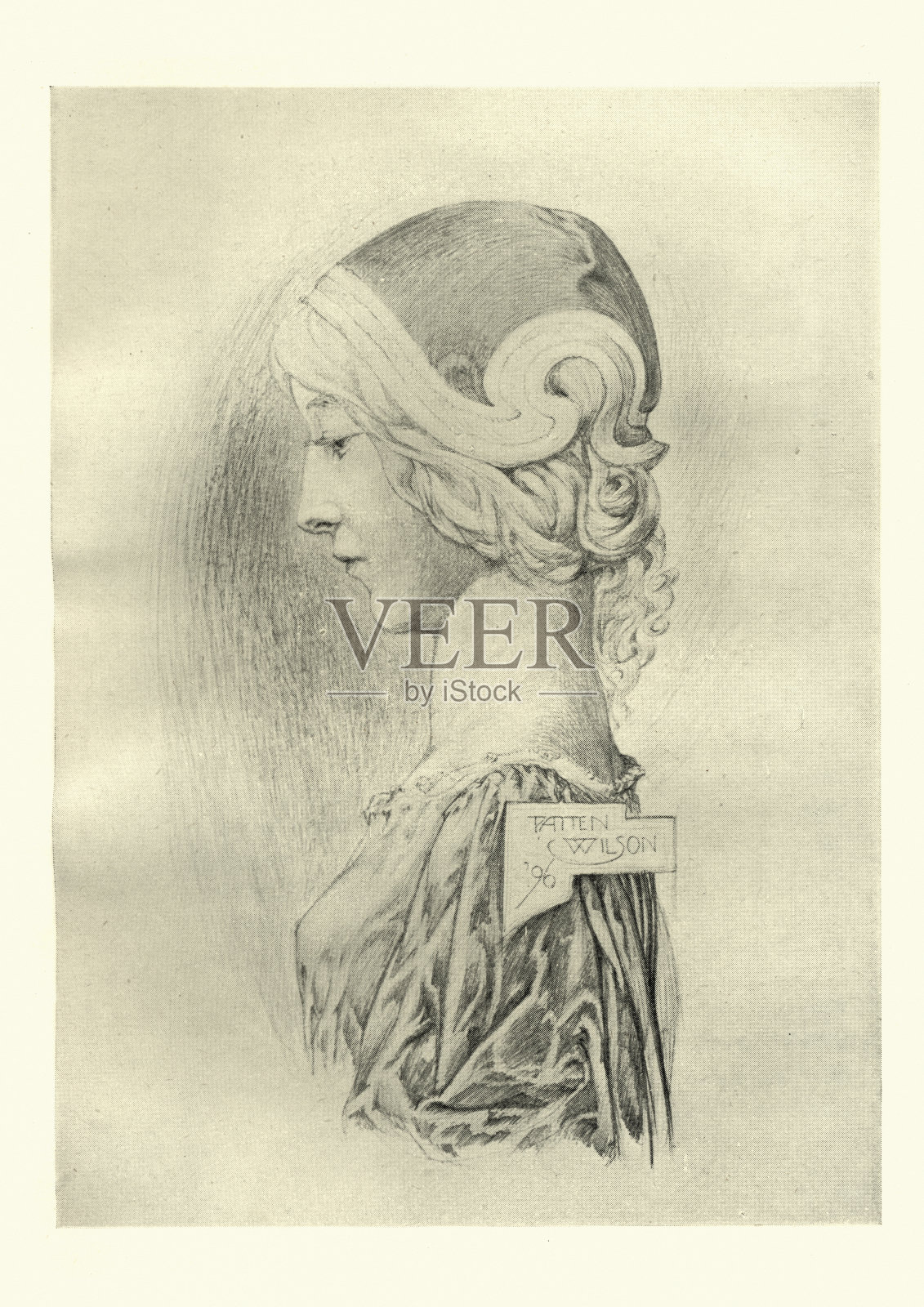 一个年轻女人的肖像,帕滕·威尔逊的银点插画图片素材