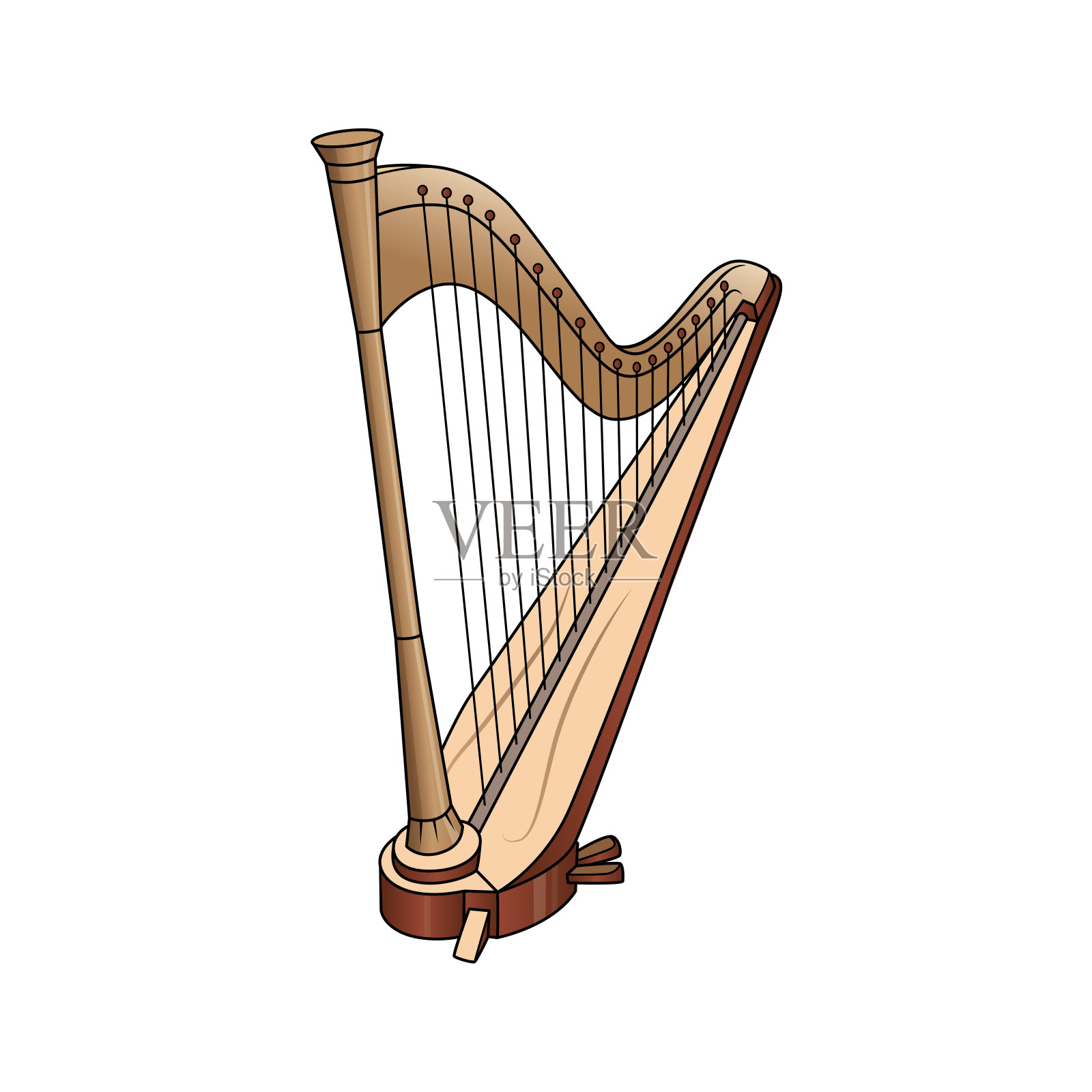 彩色矢量插图的儿童活动着色书页与乐器竖琴的图片。插画图片素材