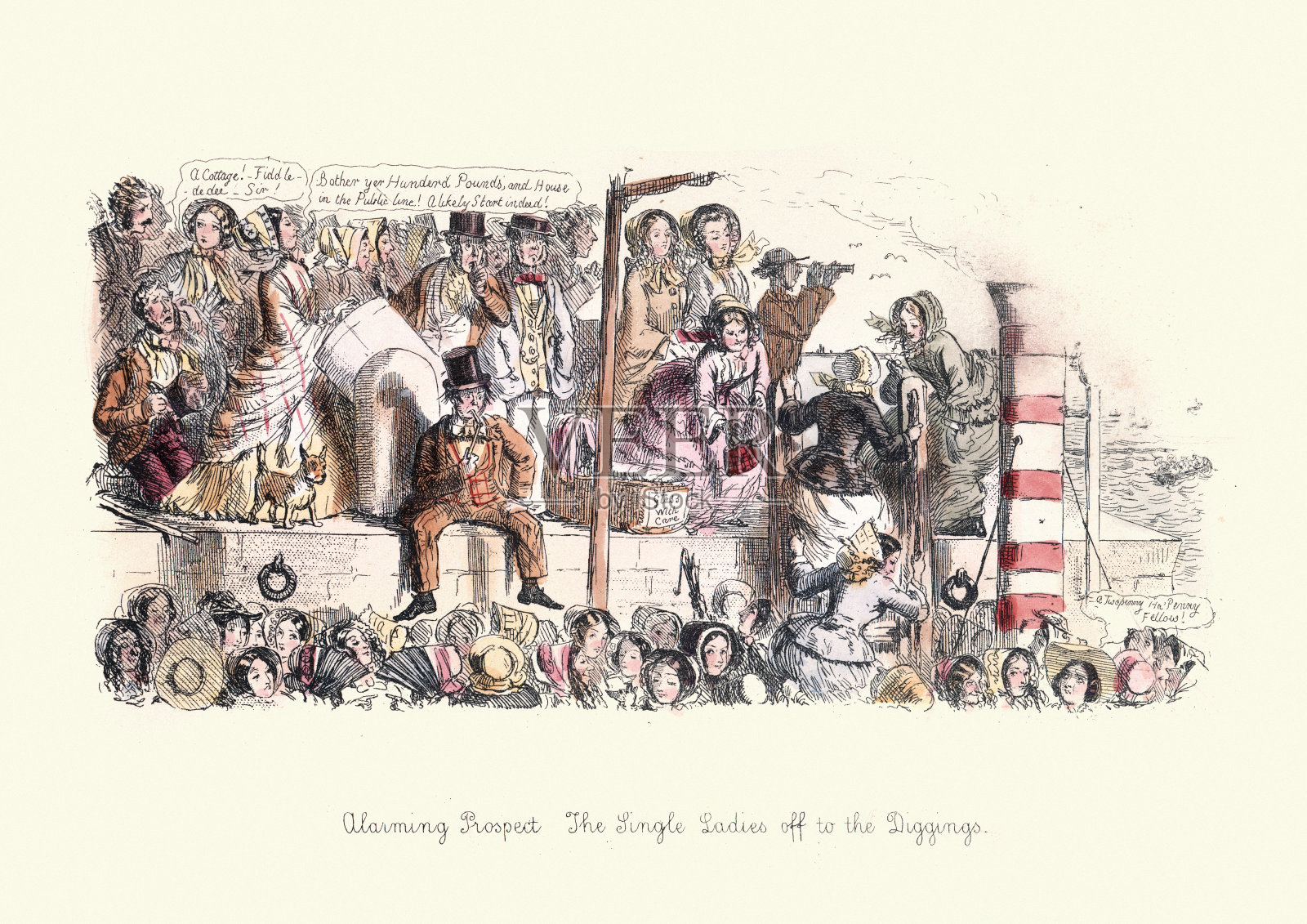 可怕的前景维多利亚时代的单身女士们去淘金插画图片素材