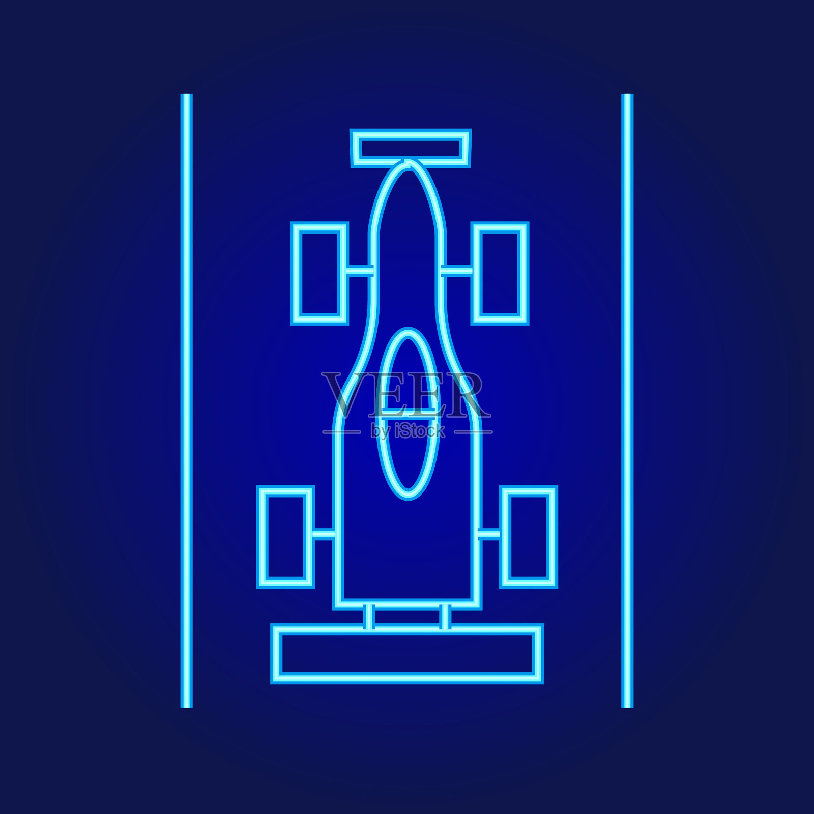 复古街机游戏一级方程式赛车彩色霓虹蓝色细线图标-可编辑笔画插画图片素材