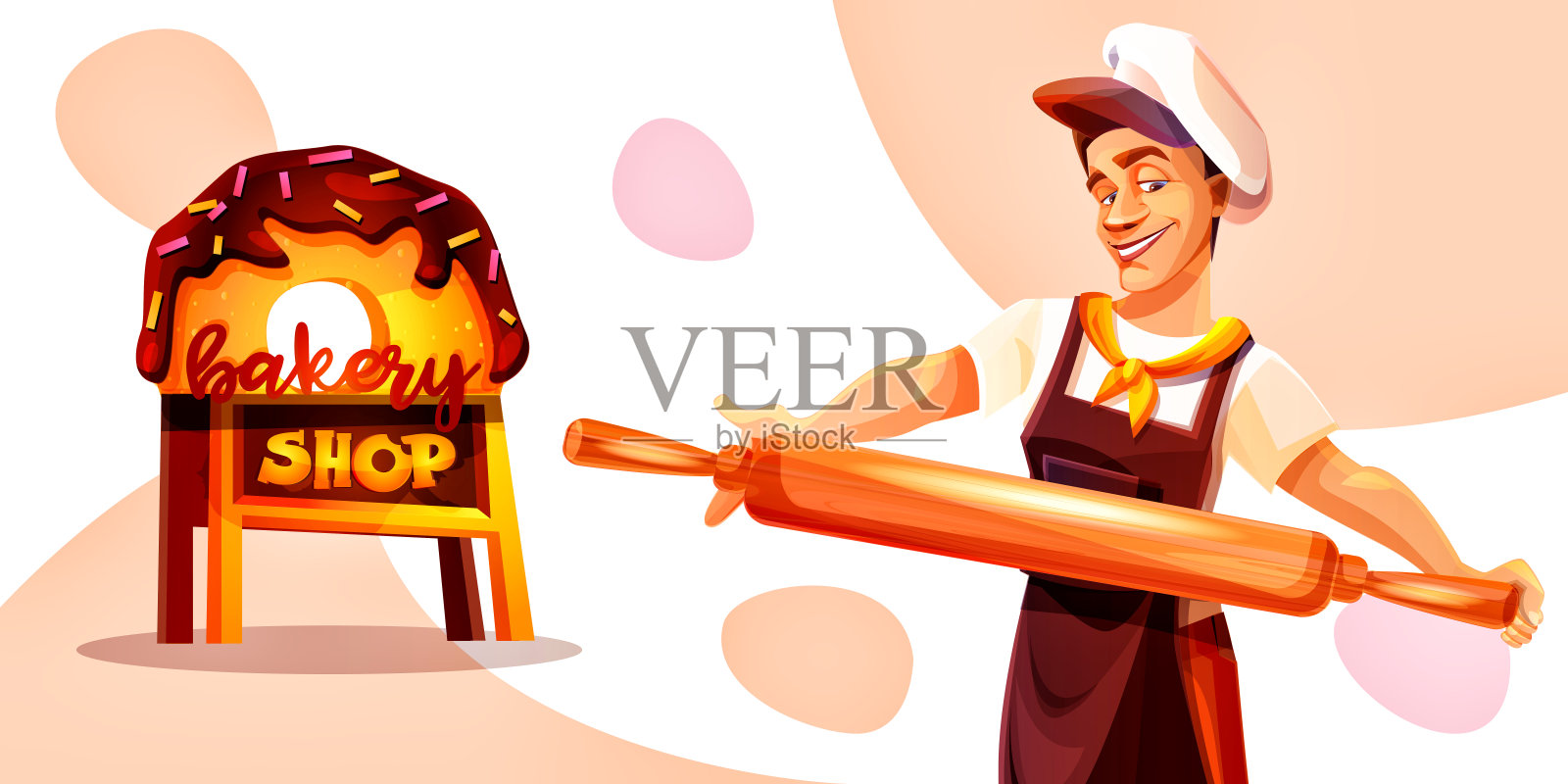 卡通风格的烘焙概念。面包师与擀面杖和面包店的标志在抽象的背景。插画图片素材