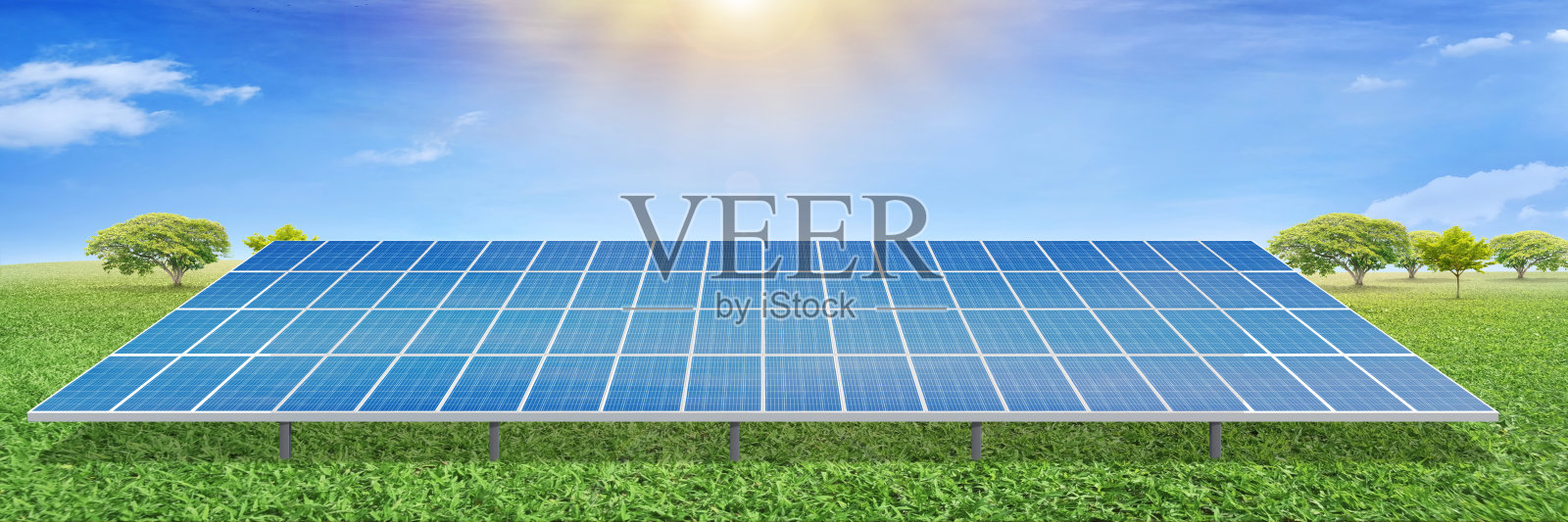 太阳能电池板和蓝天、太阳能电池板、太阳能发电系统。清洁技术创造更美好的未来。照片摄影图片