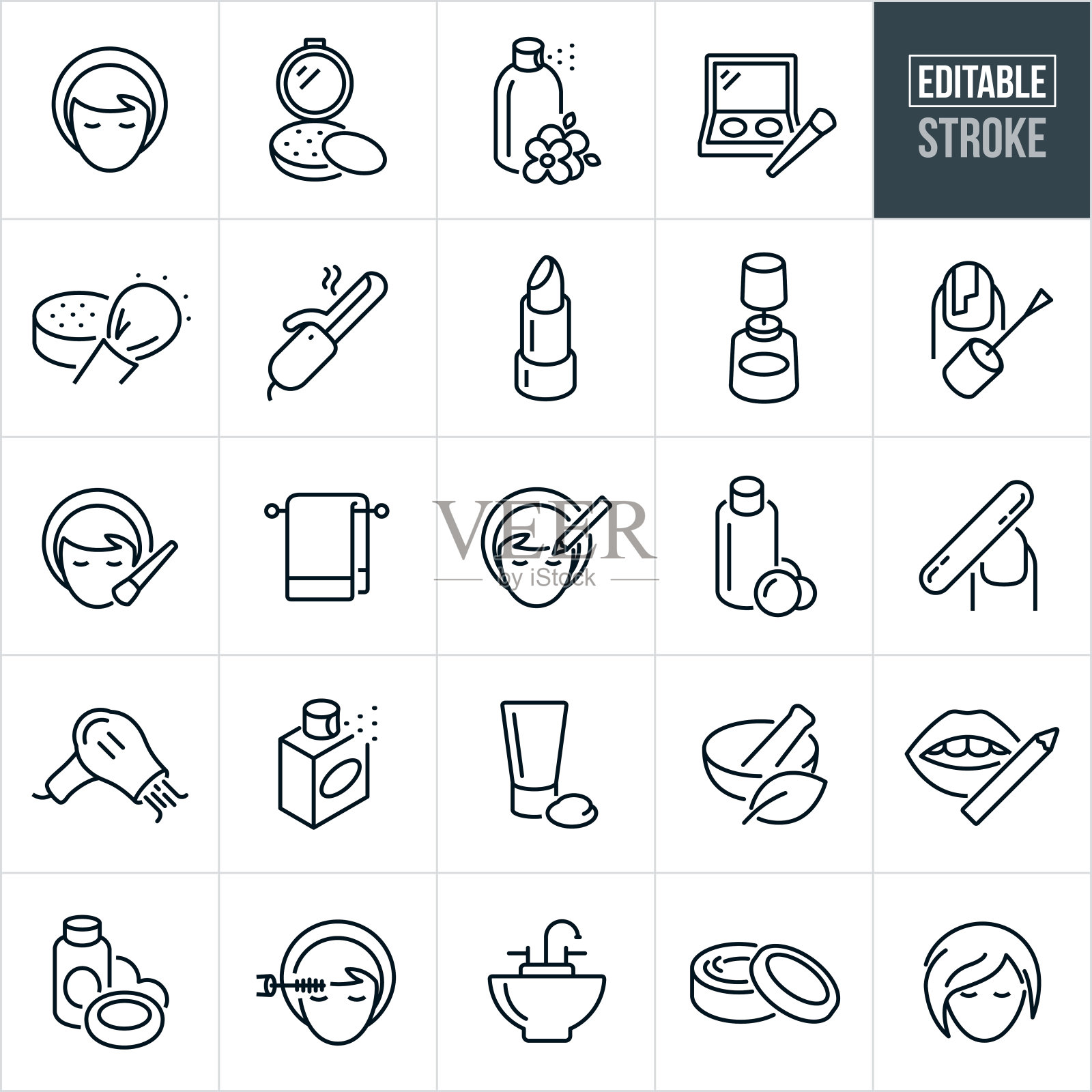 化妆品细线图标-可编辑的描边插画图片素材
