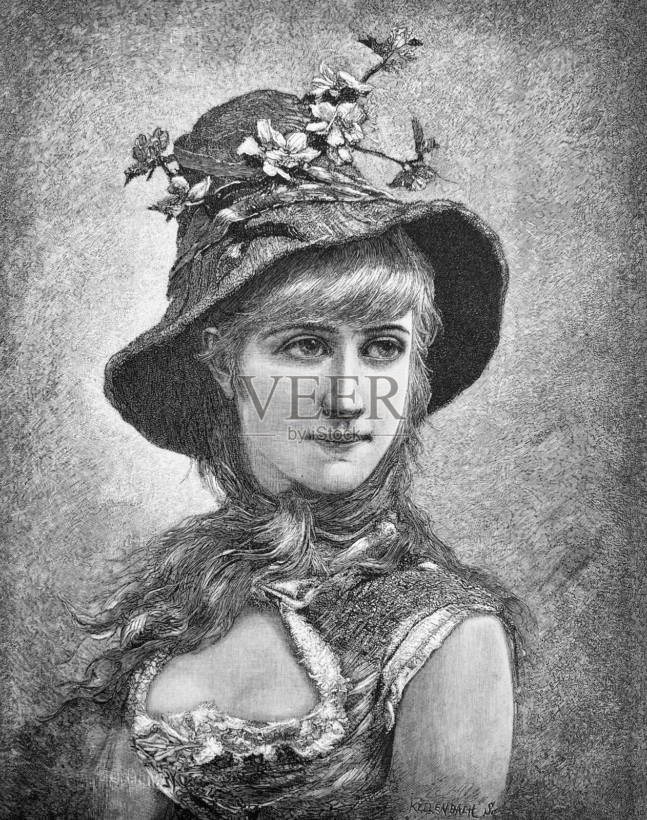 年轻活泼的女人与花帽,长金发和低领口插画图片素材