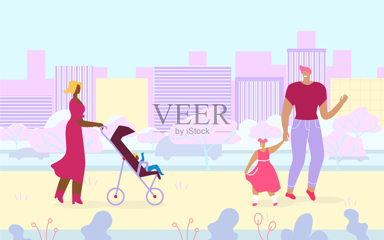 多元种族的人们在城市公园散步插画图片素材