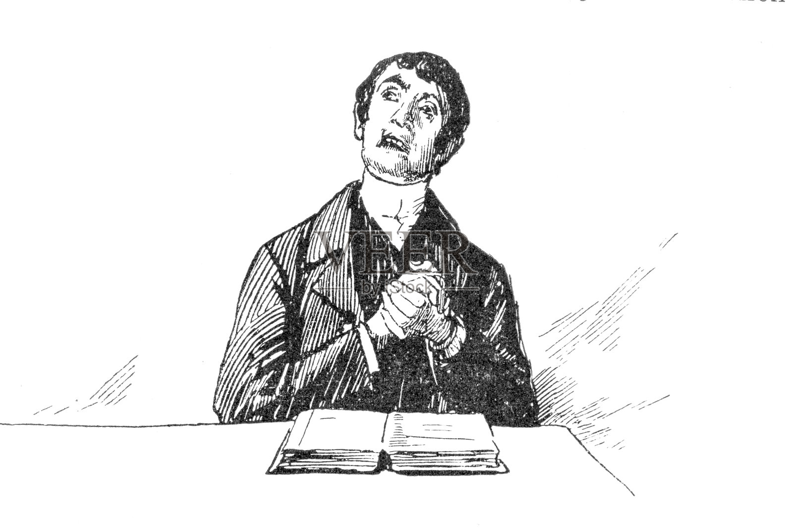 牧师双手搓在一起,抬头看书插画图片素材