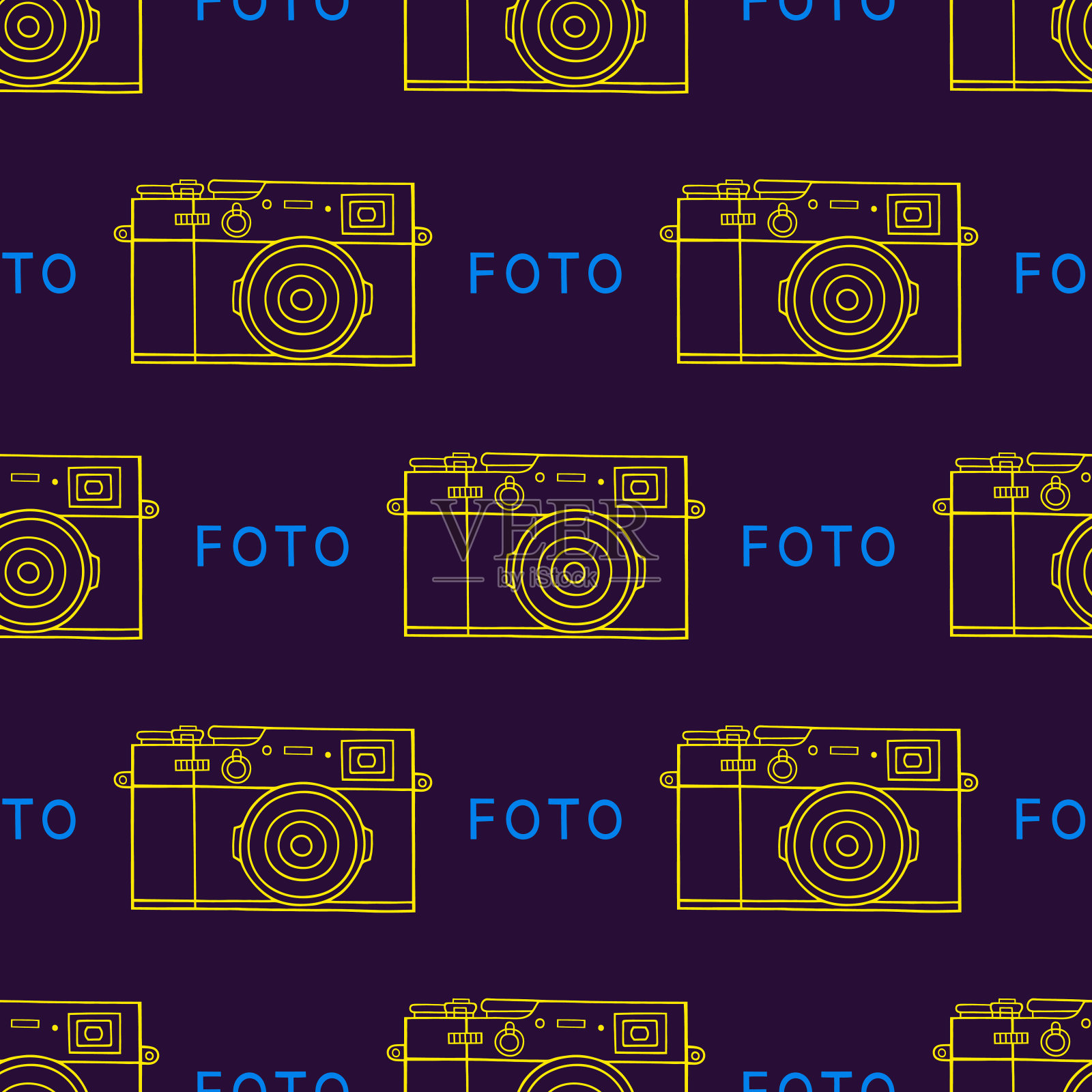 明亮的无缝插图与摄影相机。矢量图。轮廓图。插画图片素材