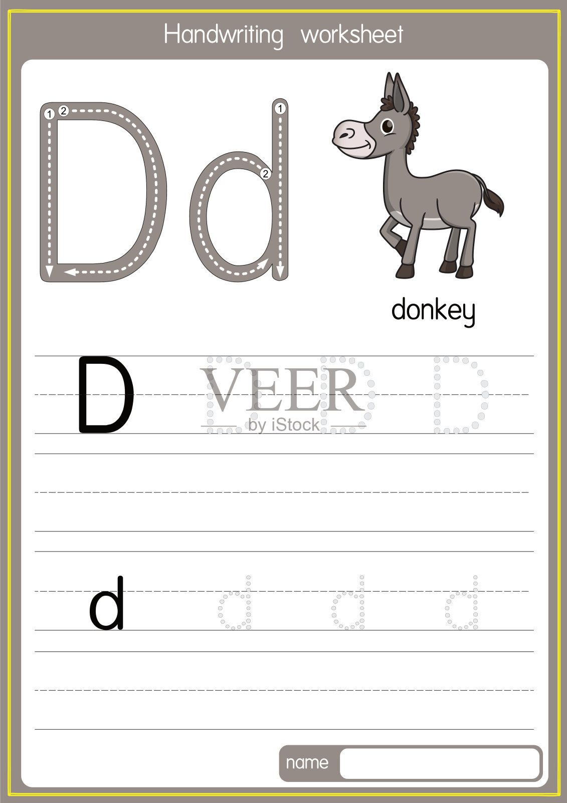 矢量插图驴子与字母D大写字母或大写字母的儿童学习练习ABC插画图片素材