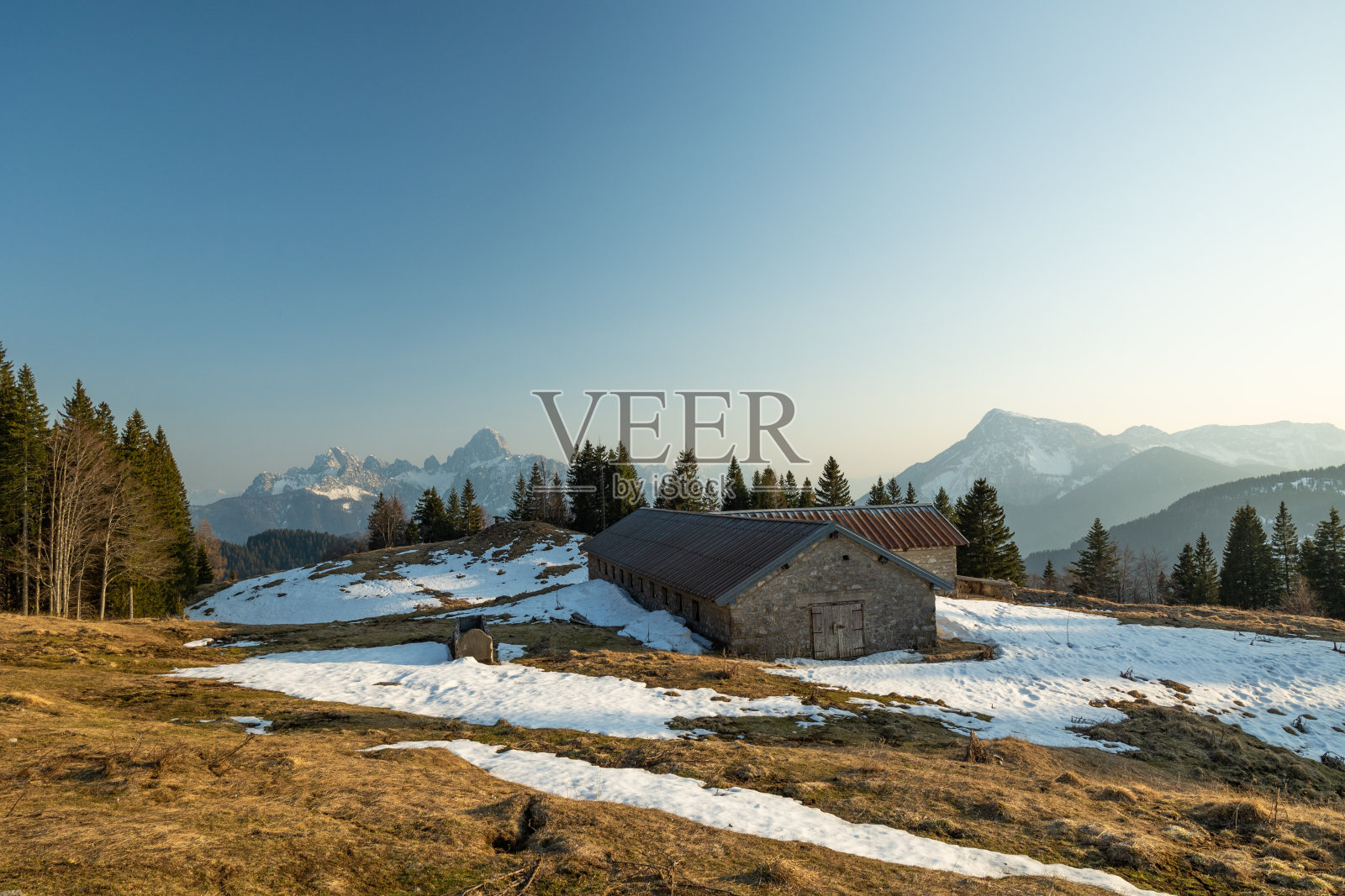 冬末下午,晴朗的淡蓝色天空下,部分覆盖着积雪、针叶林和远山的草地照片摄影图片