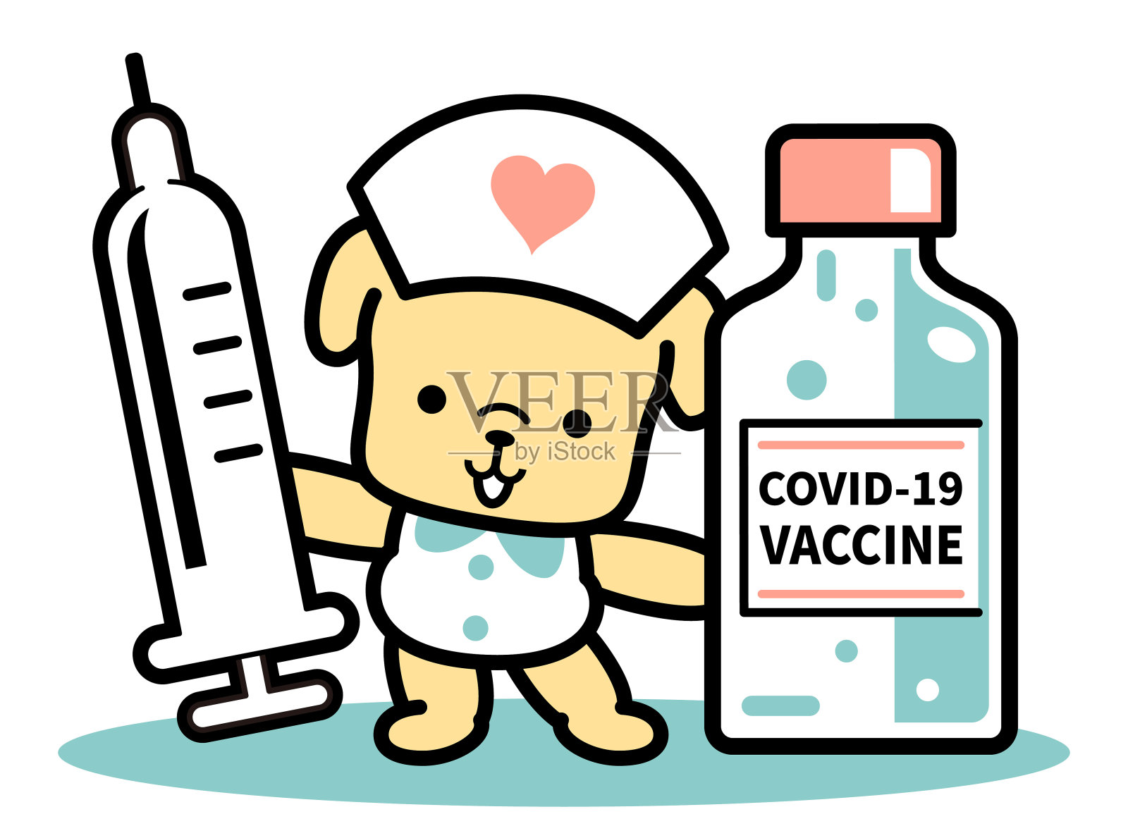 可爱的狗护士站着,手里拿着一个大疫苗瓶和注射器,对抗冠状病毒(COVID-19,流感病毒)插画图片素材