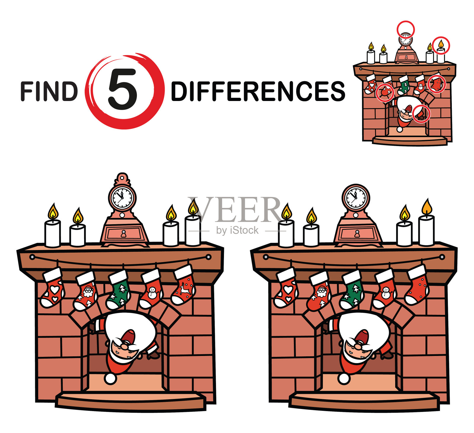 找到不同,有趣的节日游戏或谜题与可爱的圣诞老人和壁炉插画图片素材
