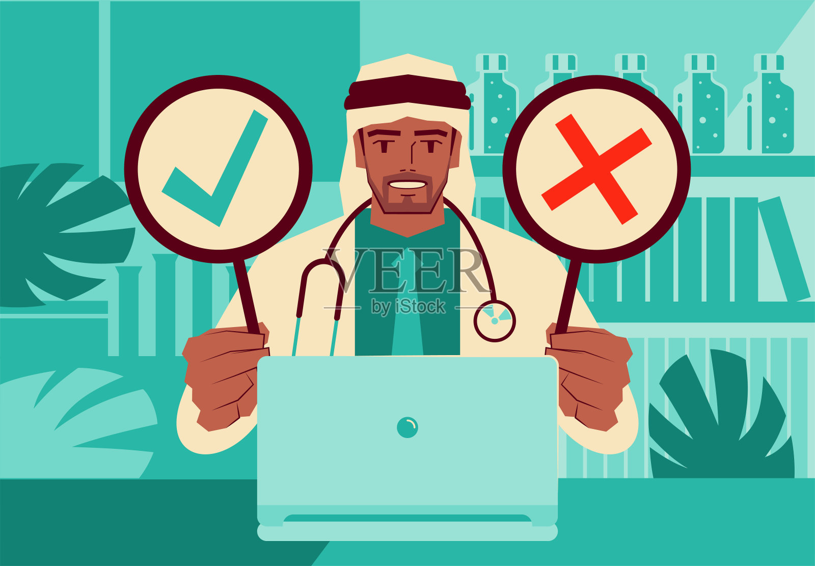 使用笔记本电脑提供远程医疗服务,同时做出“OK”和“NO”手势的英俊年轻医生插画图片素材