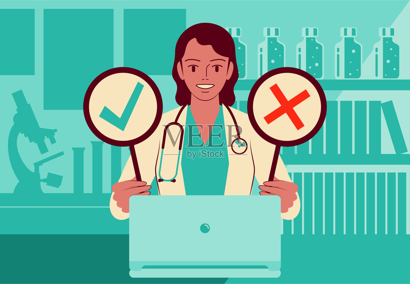 使用笔记本电脑提供远程医疗服务的年轻漂亮女医生,举着OK和NO标志插画图片素材