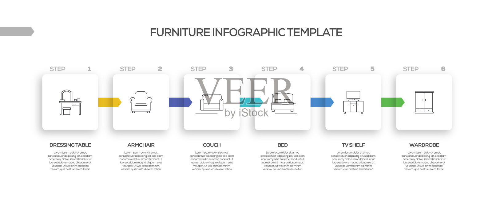 家具相关工艺信息图表模板。过程时间图。带有线性图标的工作流布局插画图片素材