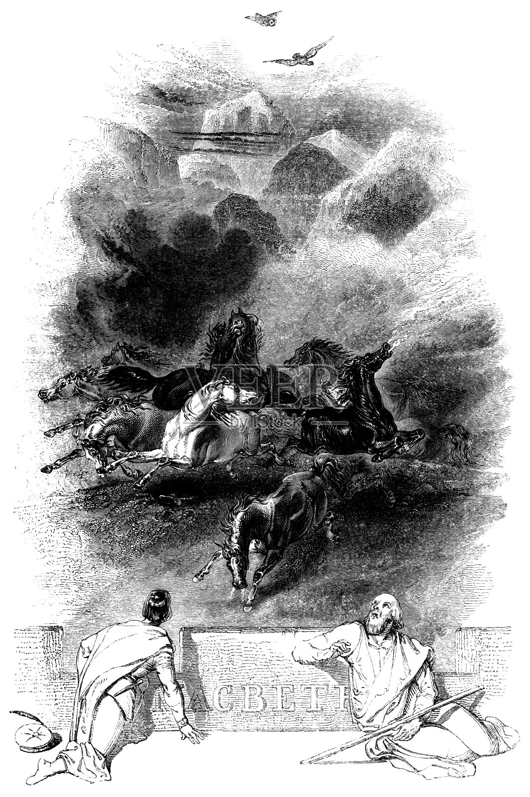 《罗斯和老人目击恶兆之夜》——《麦克白成为国王》——威廉·莎士比亚的作品插画图片素材