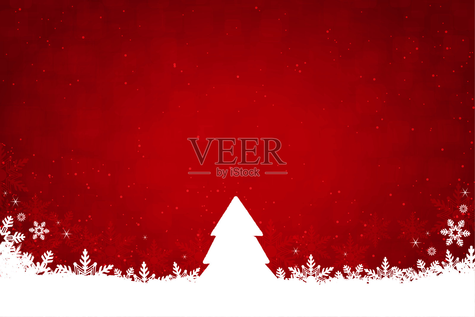 闪闪发光的圣诞节向量水平红色背景与白色的彩色树在明亮的充满活力的栗色背景与白色的雪在底部,雪花在顶部和闪闪发光的点点插画图片素材