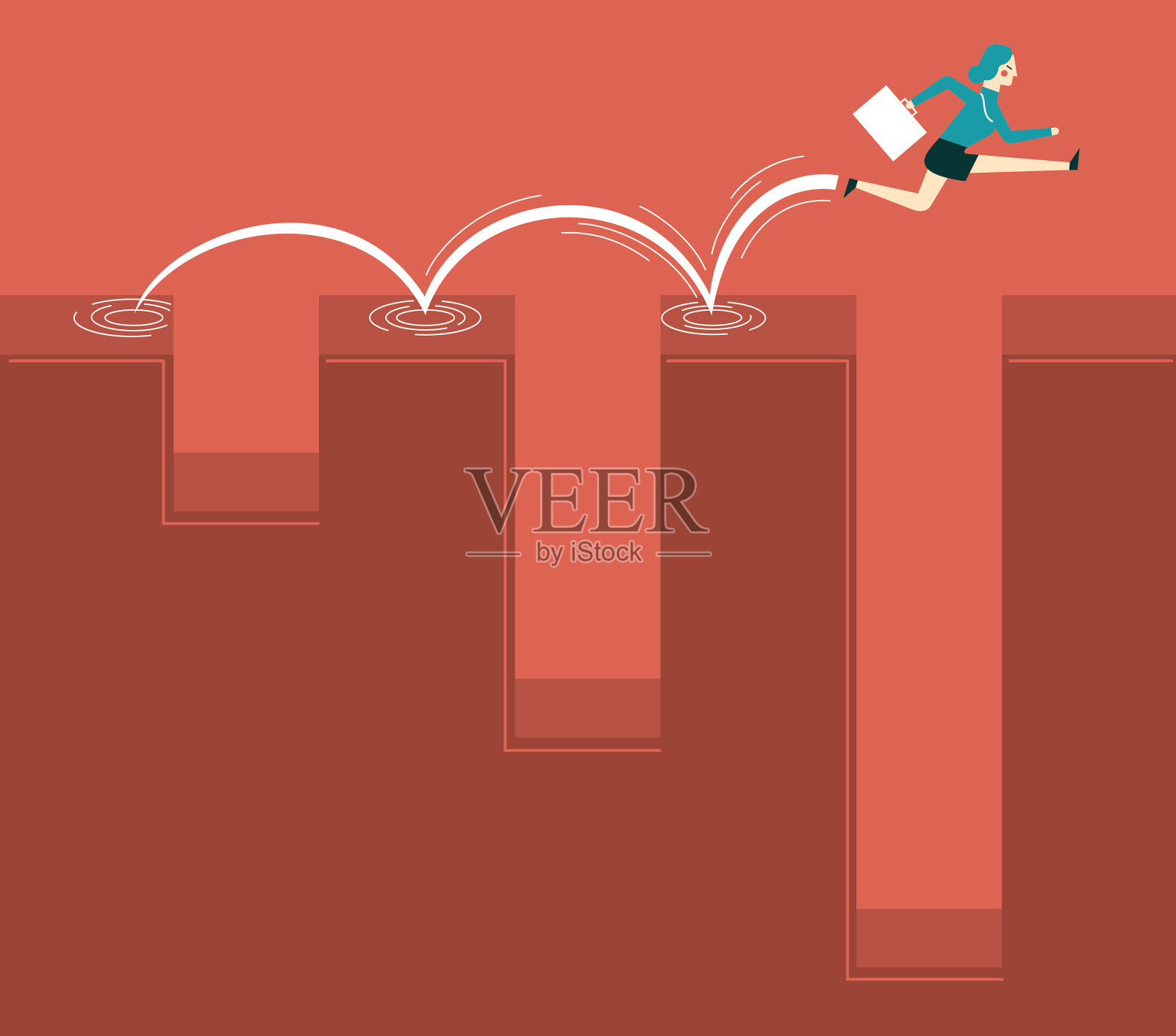 女商人跑着穿过缝隙插画图片素材