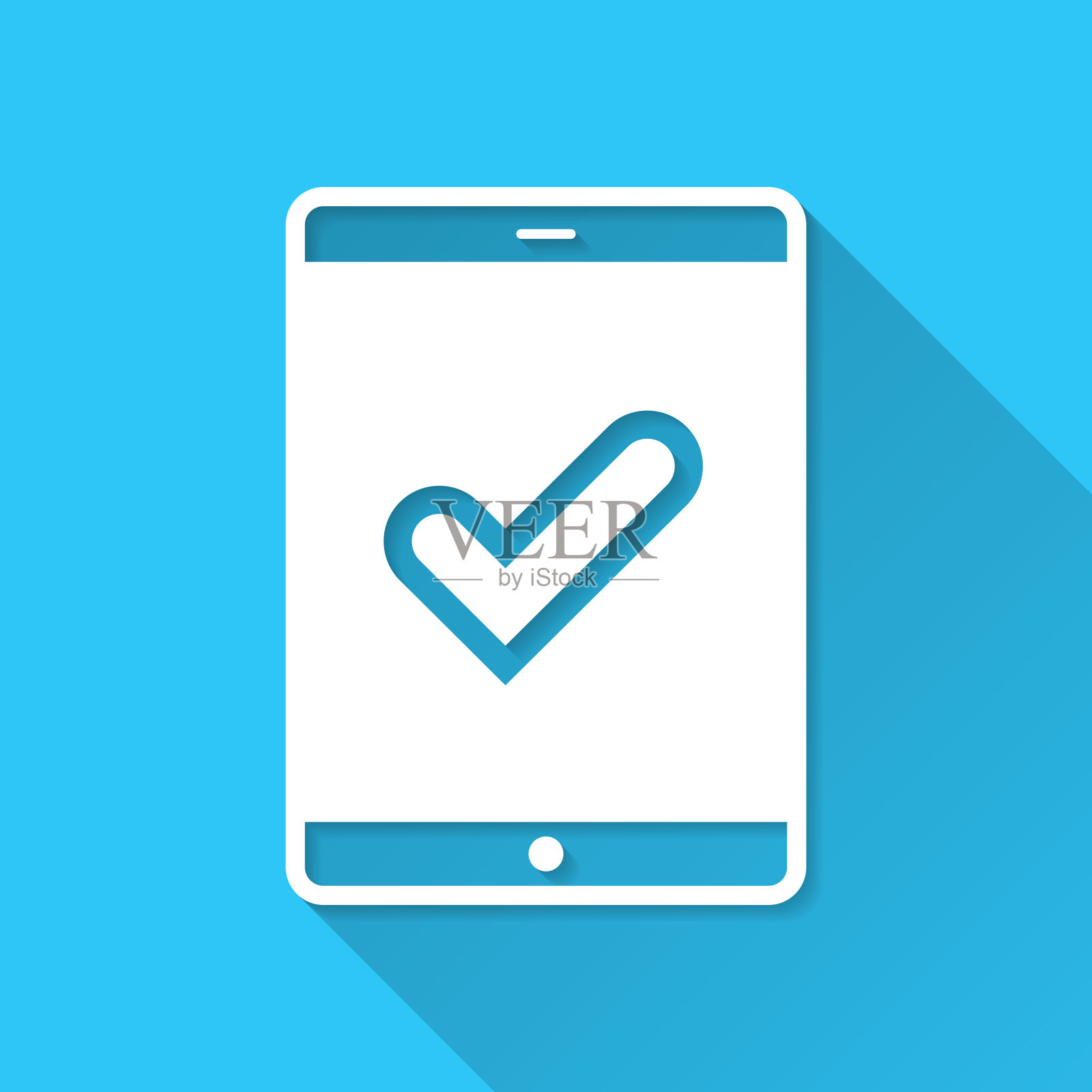 带有复选标记的平板电脑。图标在蓝色背景-平面设计与长阴影插画图片素材