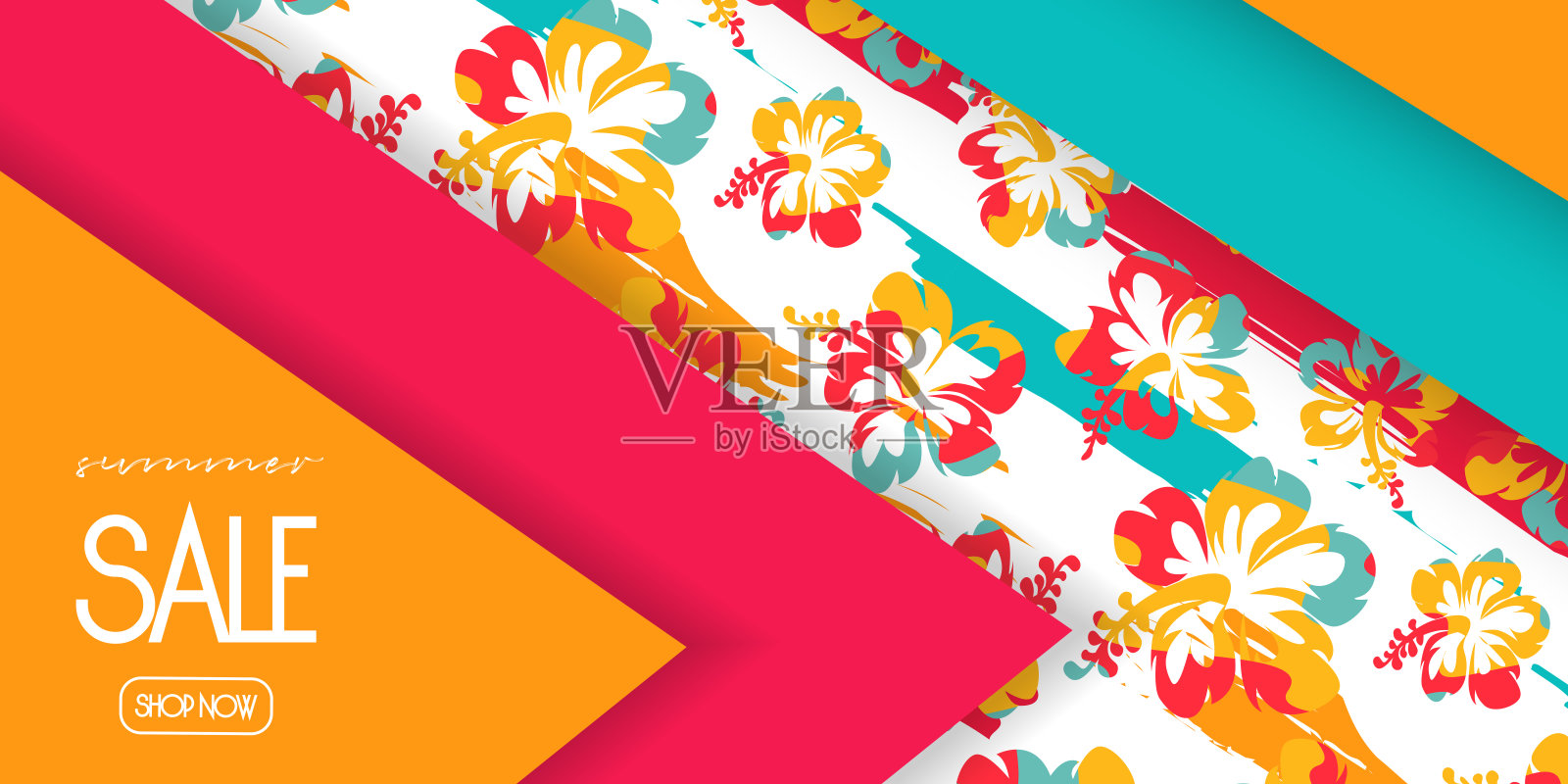夏季折扣的概念和夏威夷风格的销售。创意夏天彩色背景与折扣木槿。插画图片素材
