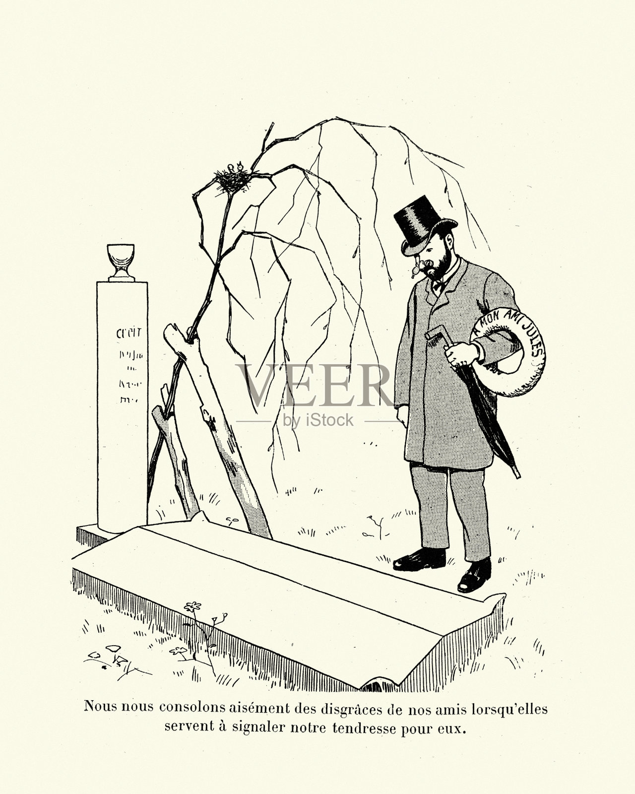 一个人在他朋友的墓旁哀悼,维多利亚时代的法国卡通插画图片素材