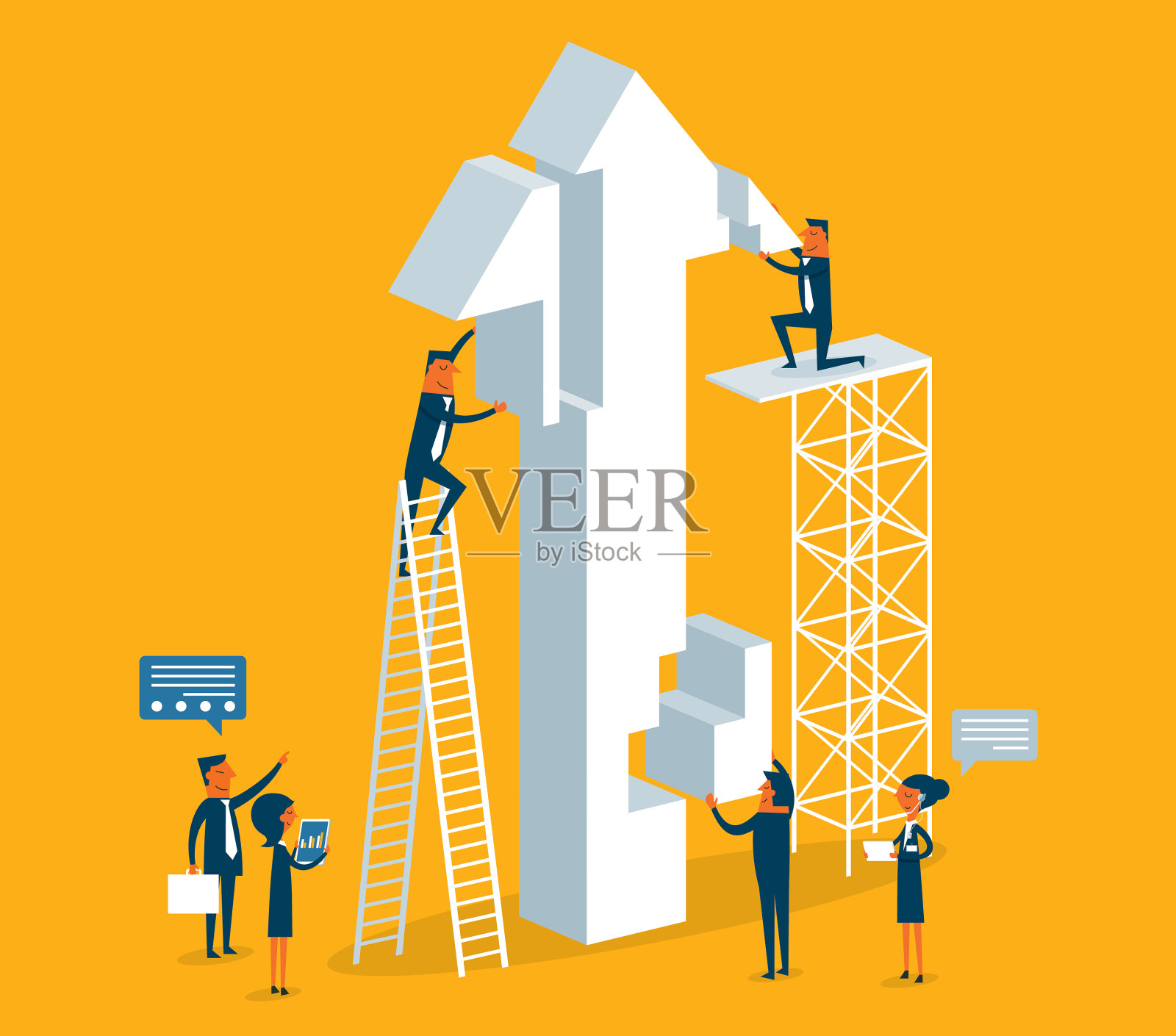 一群人把绿箭标记放在一起插画图片素材