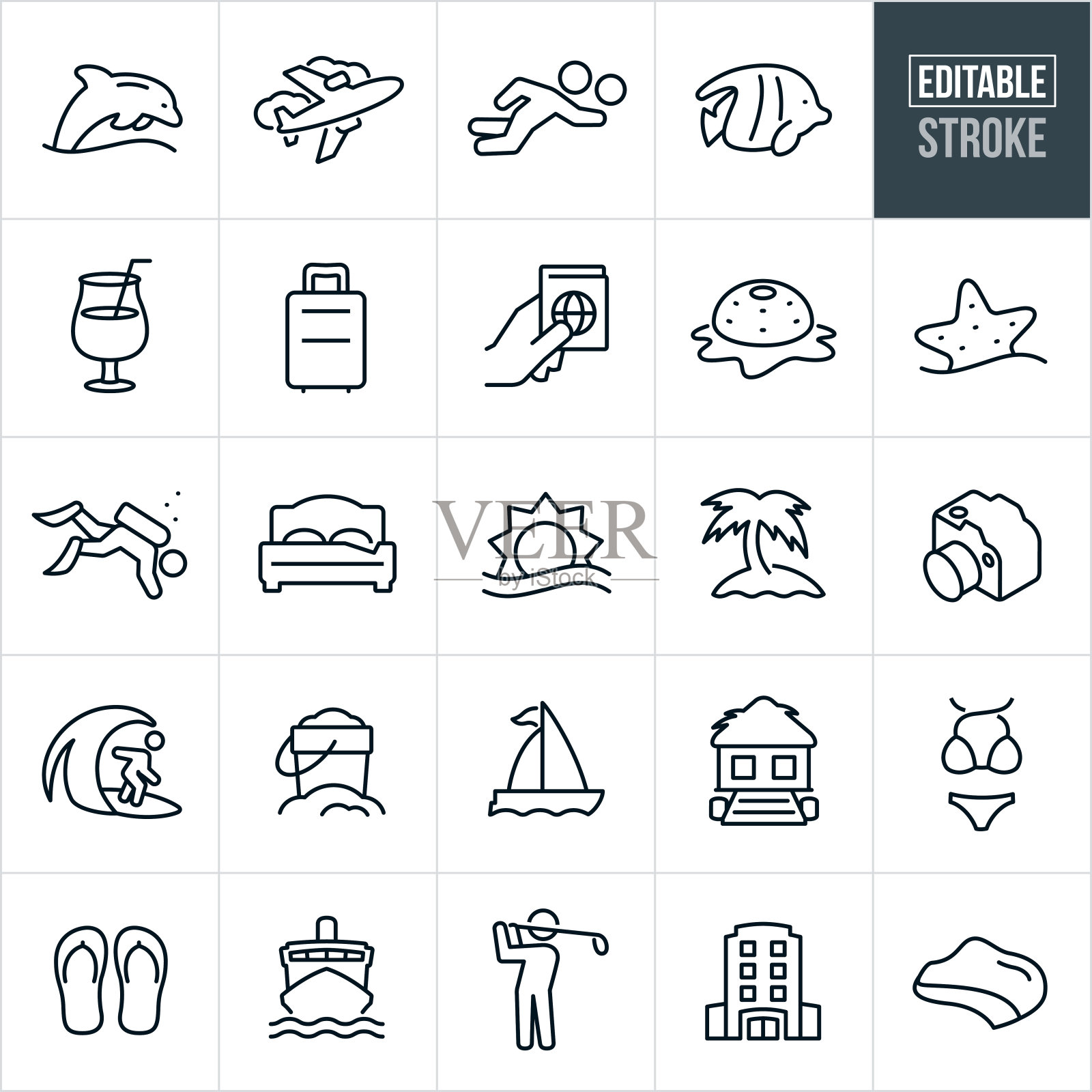 海滩度假村细线图标-可编辑的中风插画图片素材