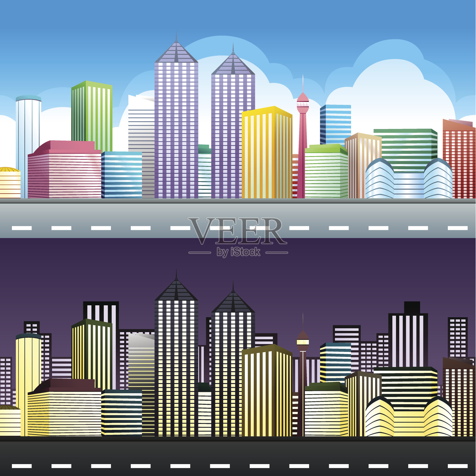 城市的夜晚和白天插画图片素材