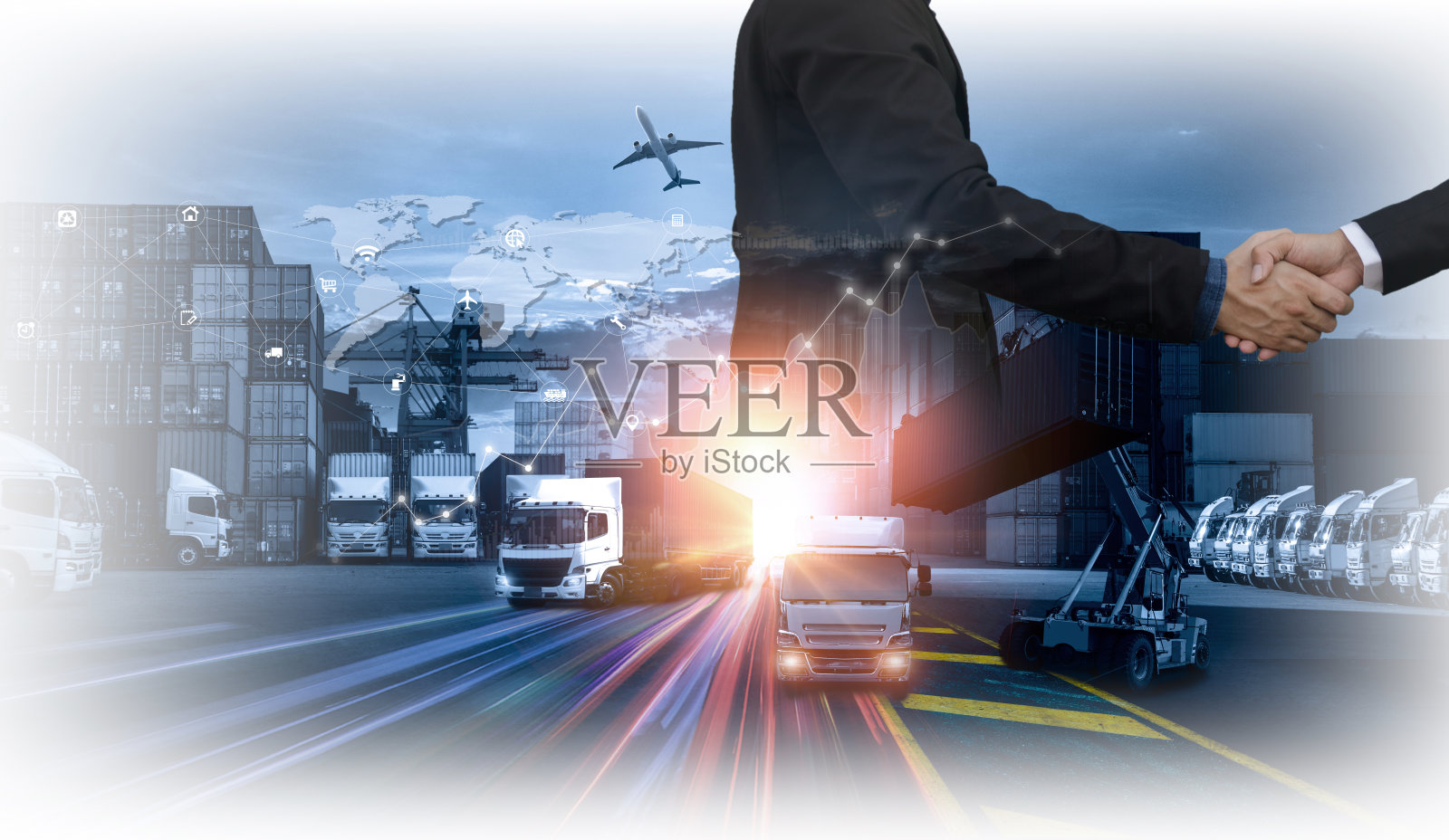 商务人士握手言和,成功企业的物流工业集装箱货运船的概念,快速或即时航运,网上货物订单全球照片摄影图片