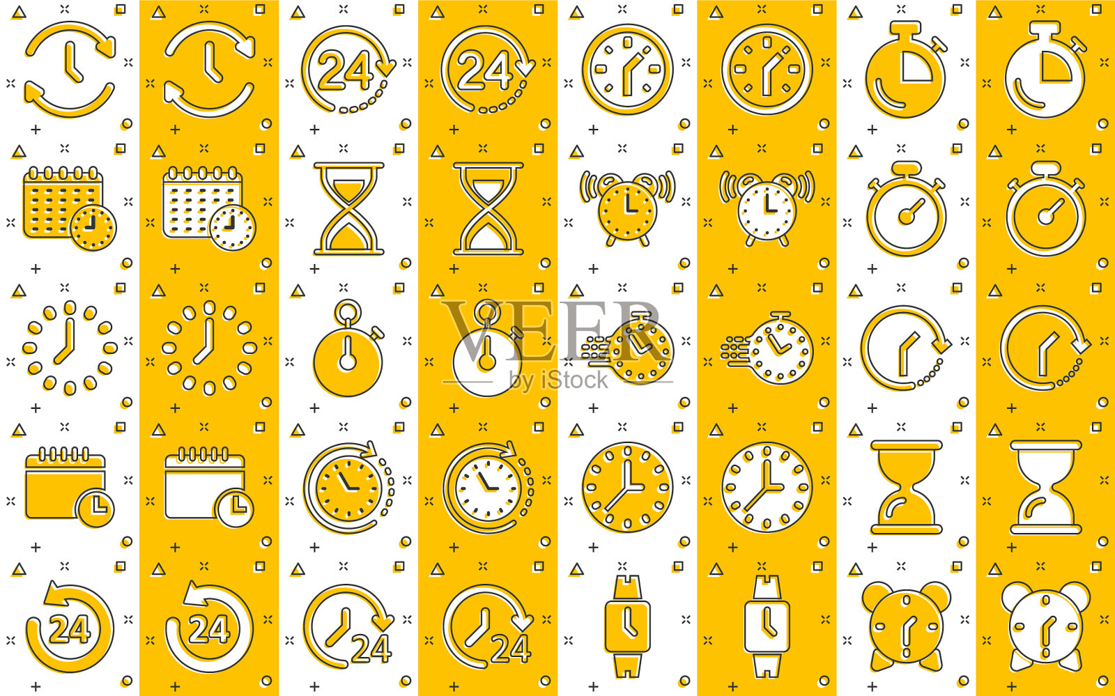 时间图标设置在漫画风格的议程时钟卡通图标素材