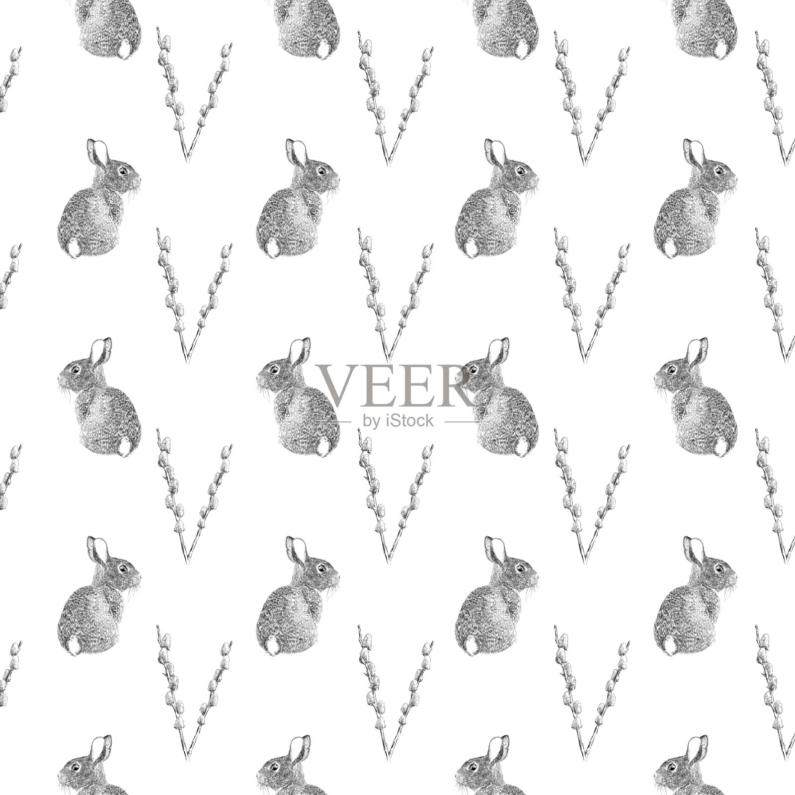 猫咪柳和兔子水彩和墨水矢量无缝模式设计元素图片