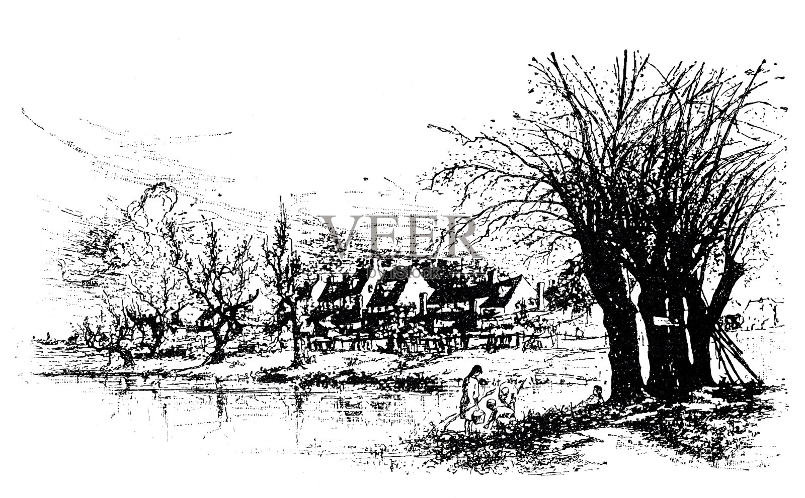 小村庄在河边插画图片素材