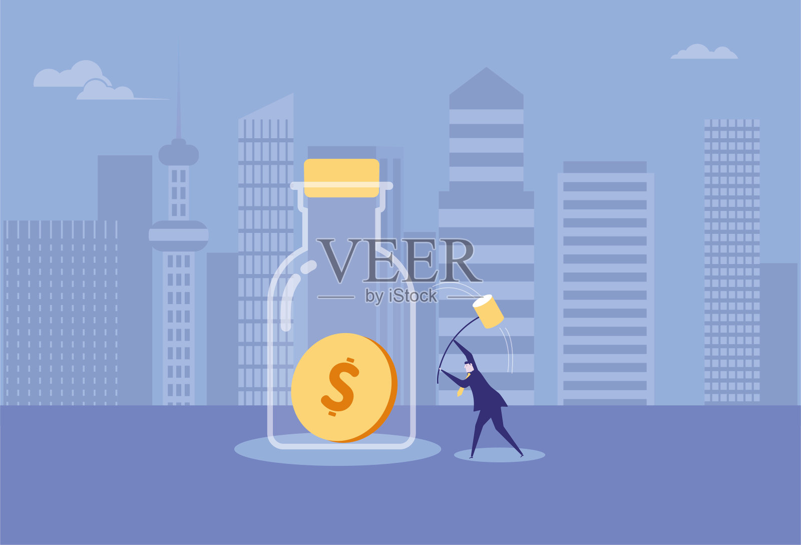 商人用美元砸瓶子插画图片素材