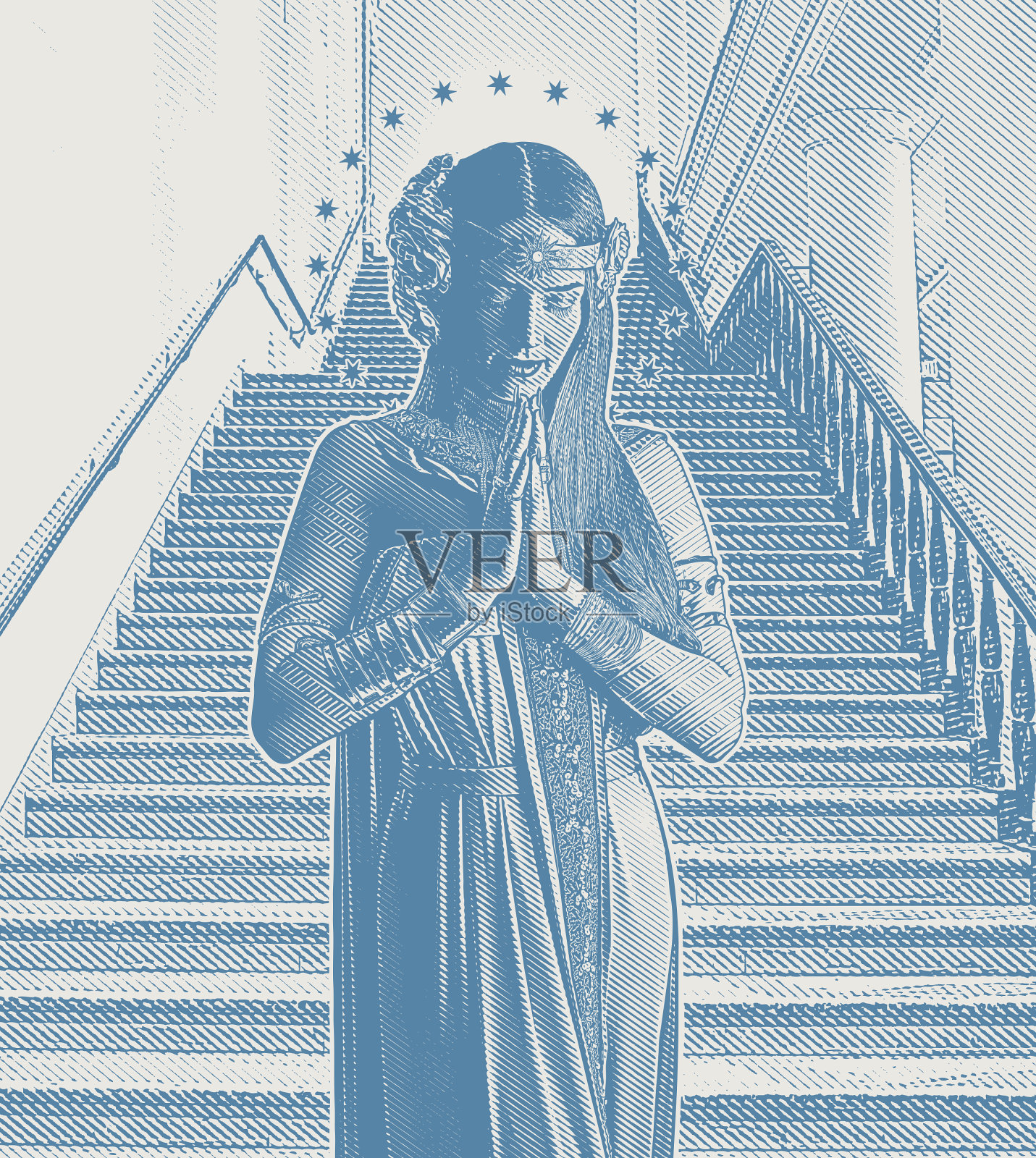 灵性女人祈祷和楼梯插画图片素材