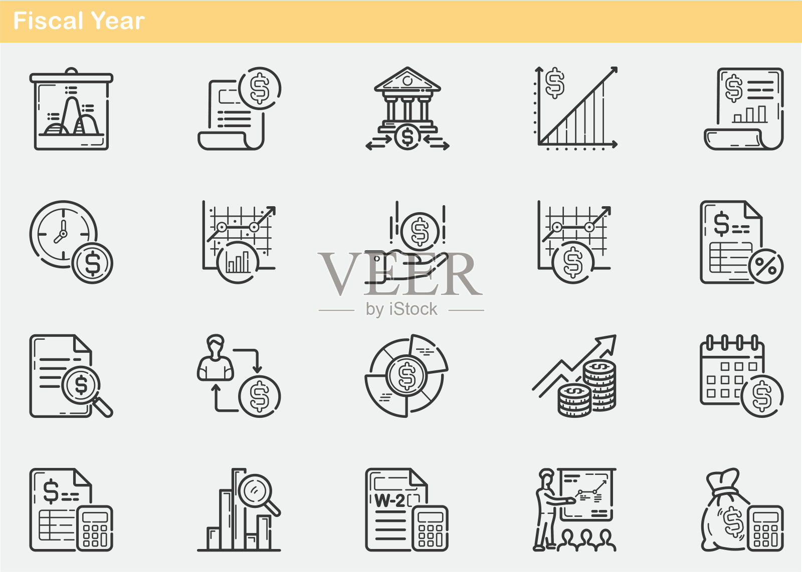 财政年度,预算,会计,收入,支出,税务,审计,损益表,现金流量表,年度报告,预测,经营费用。图标集,轮廓,平线图标图标素材