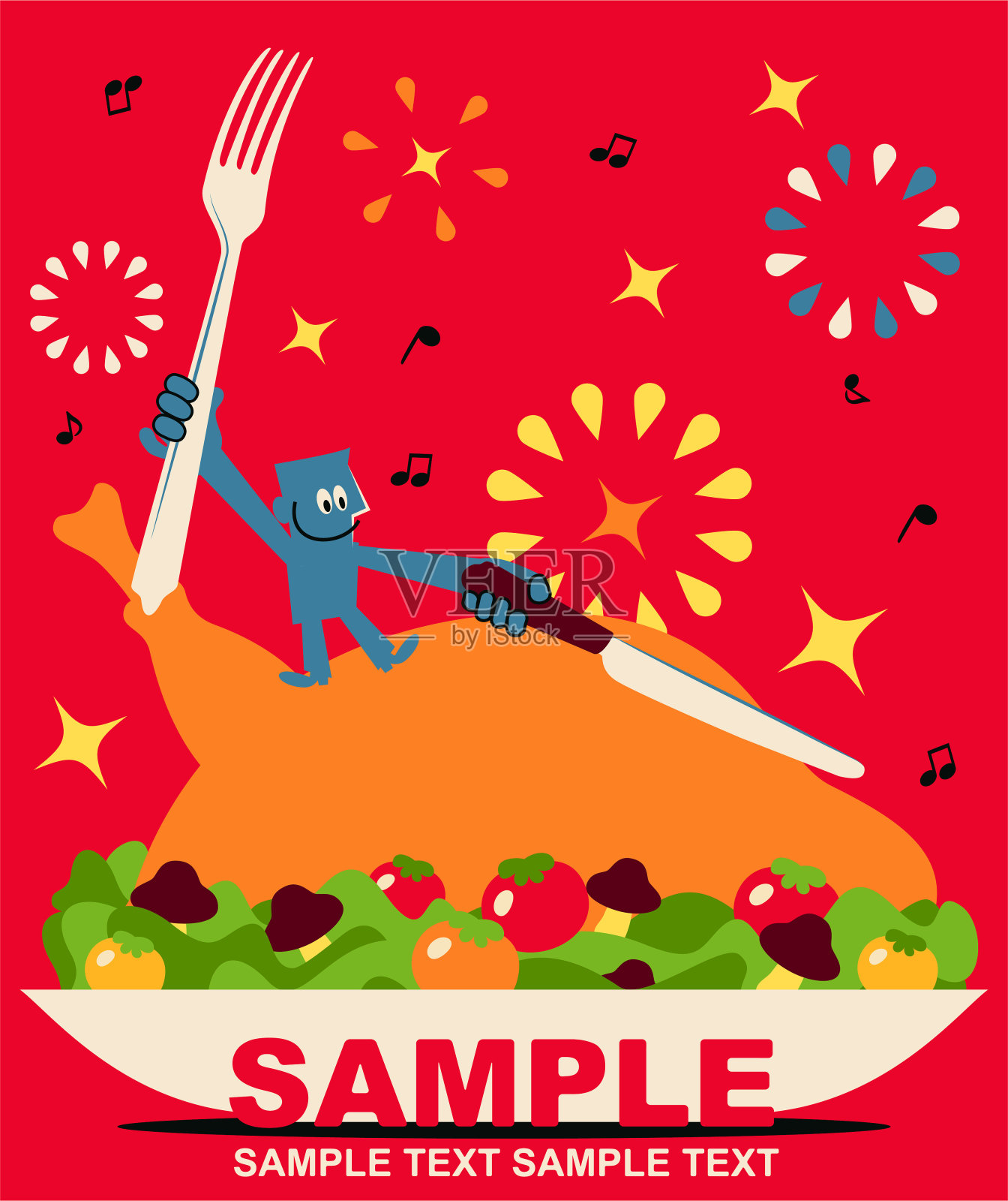 微笑的蓝色男人拿着刀叉站在大的传统感恩节火鸡上插画图片素材