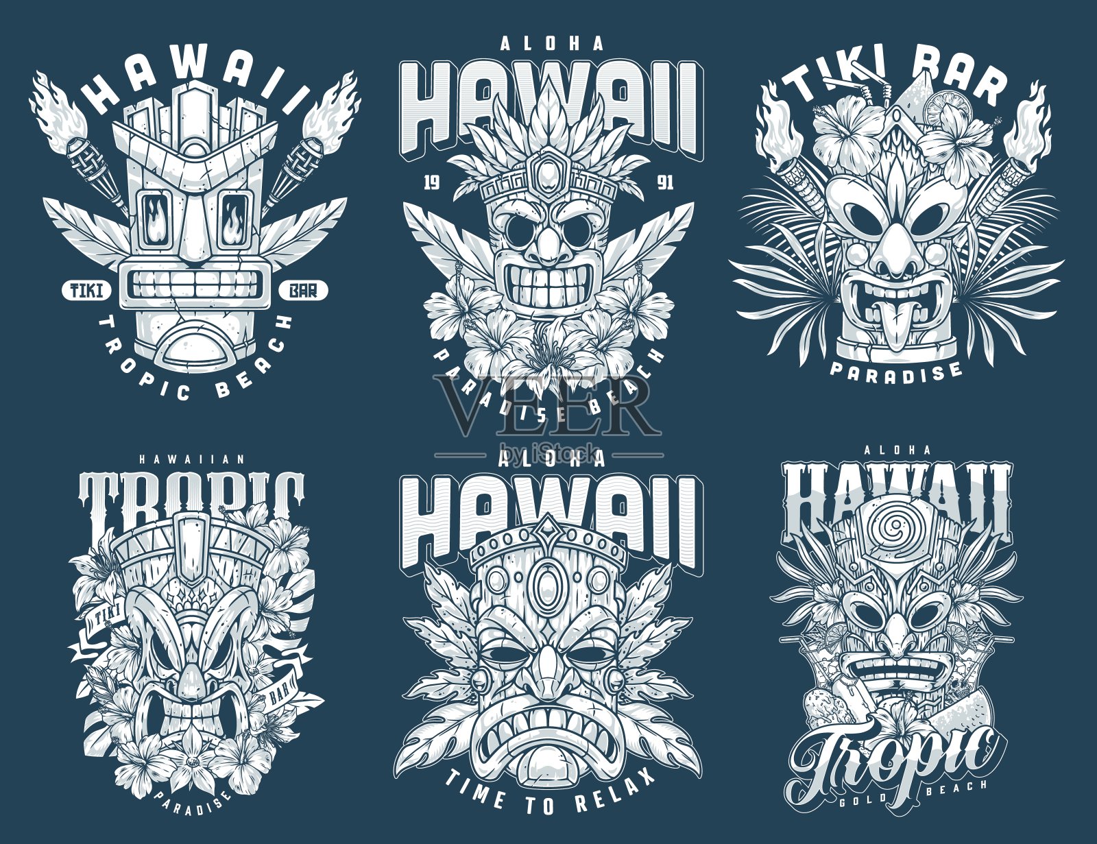 夏威夷图腾单色集标志类型插画图片素材