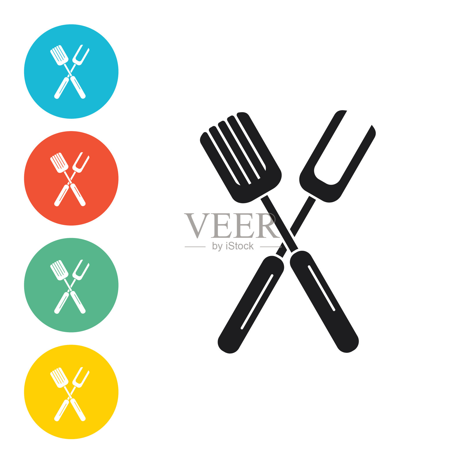 圆形底座上的烧烤叉和抹刀图标插画图片素材