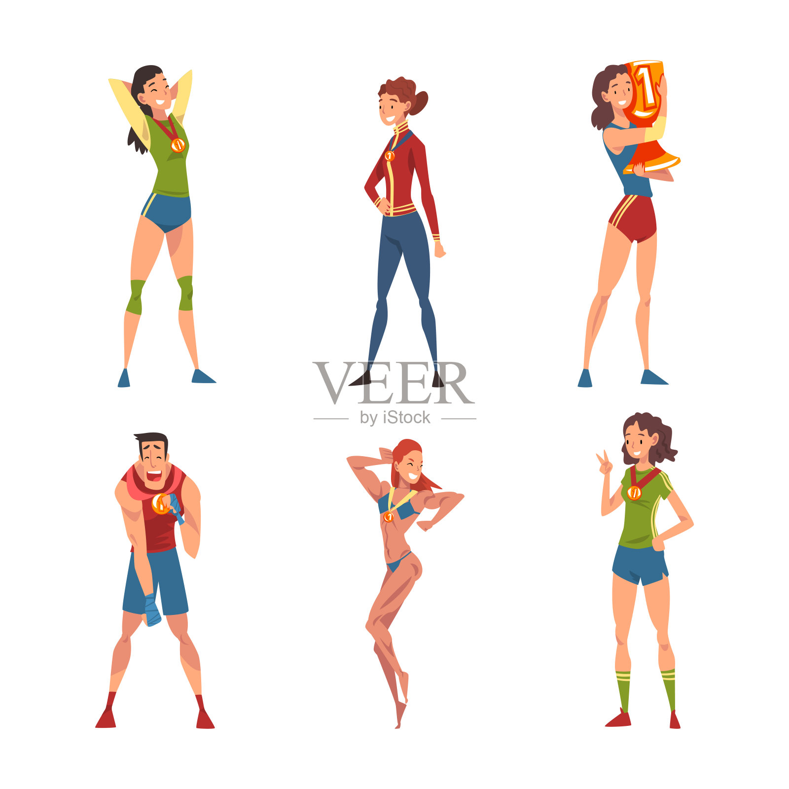 男女运动员奖牌套装。体育比赛获胜者卡通矢量插图插画图片素材