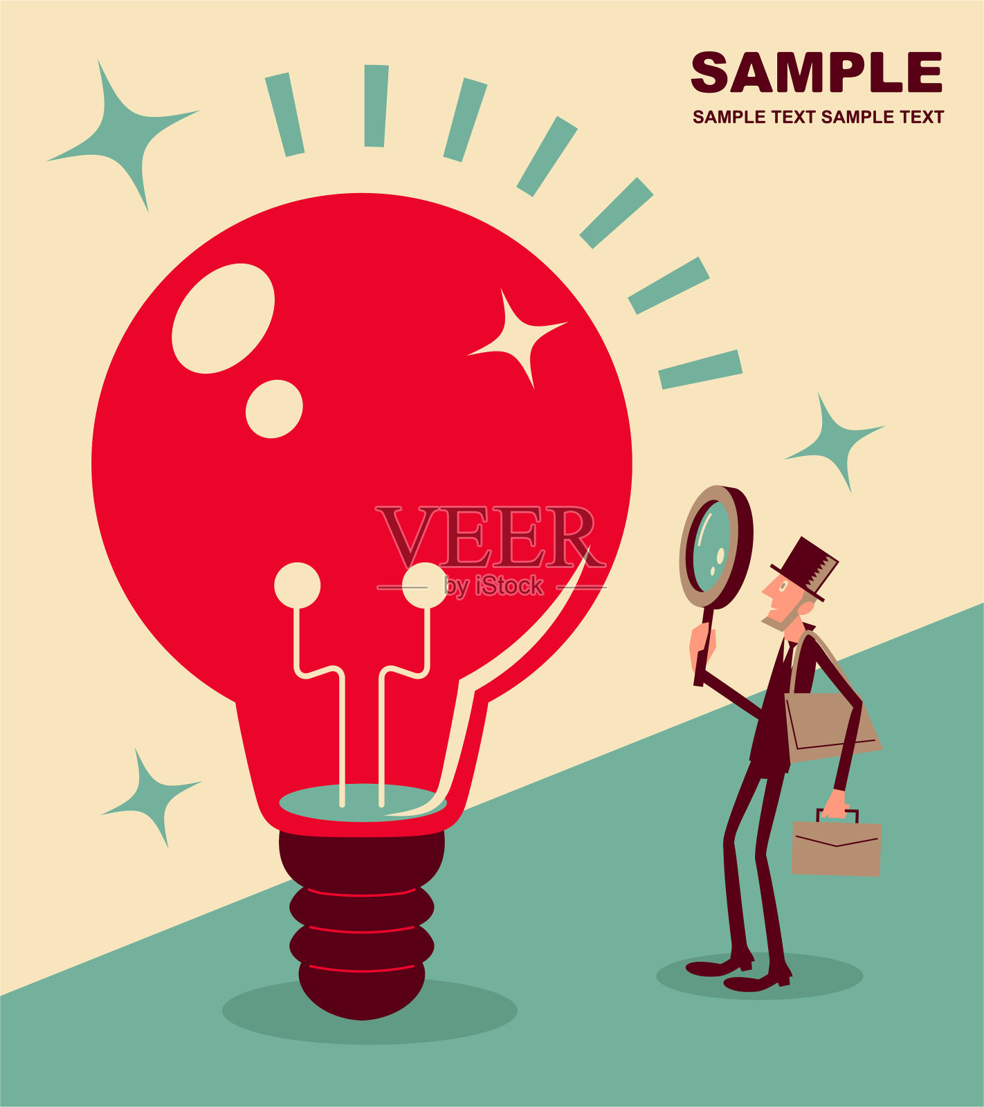 一个瘦削的商人拿着放大镜看着一个大创意灯泡插画图片素材