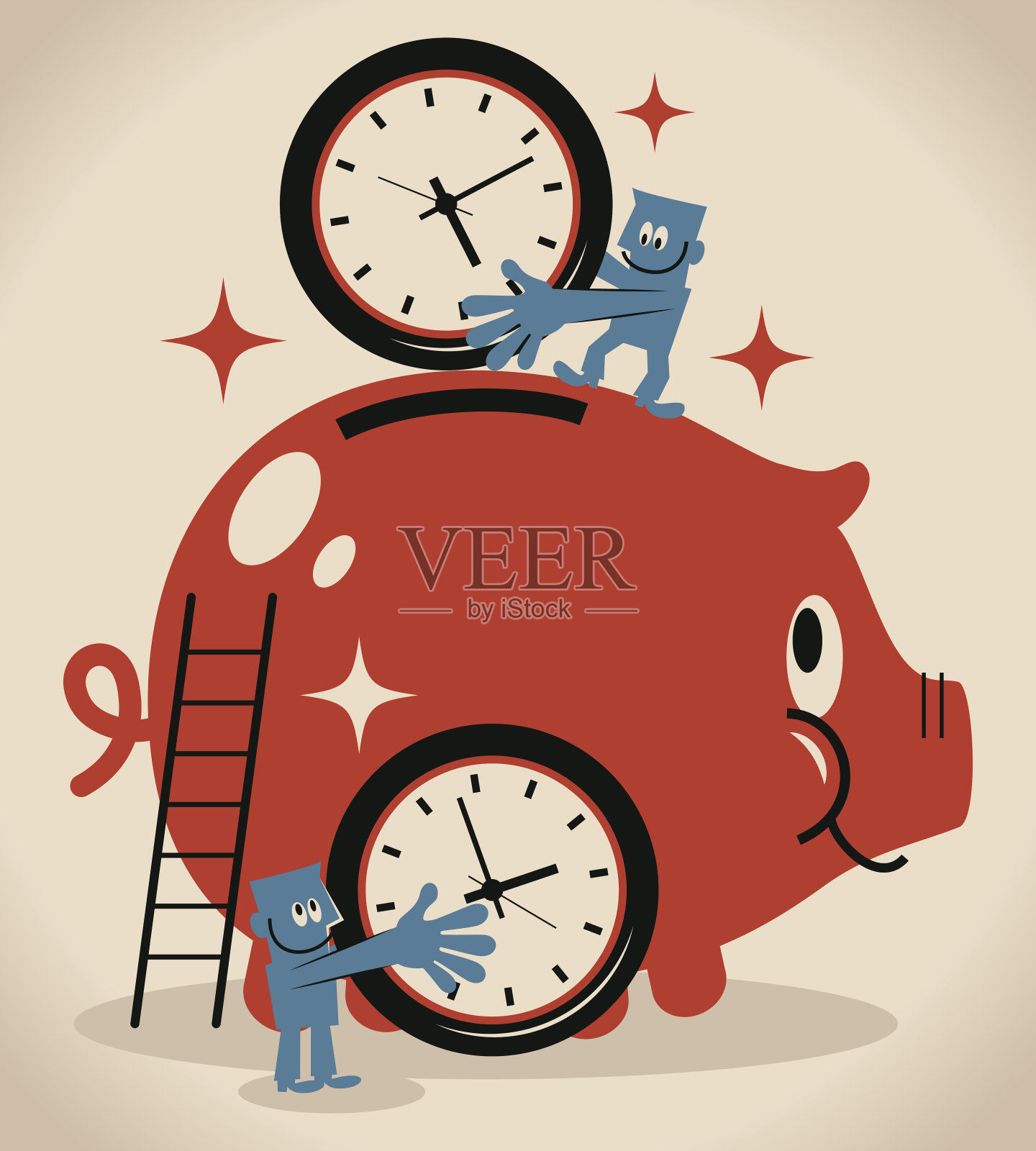 时间管理,业务团队(两个商人)把一个大钟放进了大储蓄罐插画图片素材