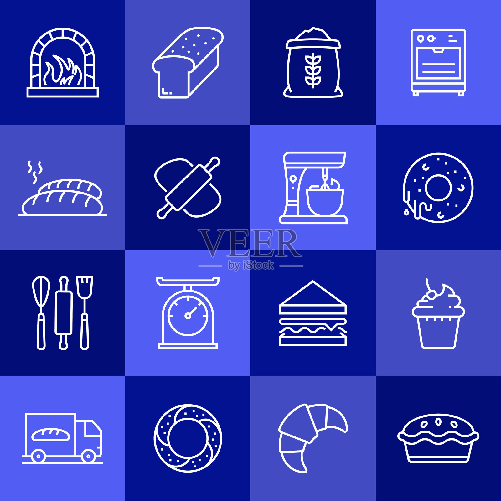 面包房和糕点相关的矢量线图标的简单设置。大纲符号集合。图标素材