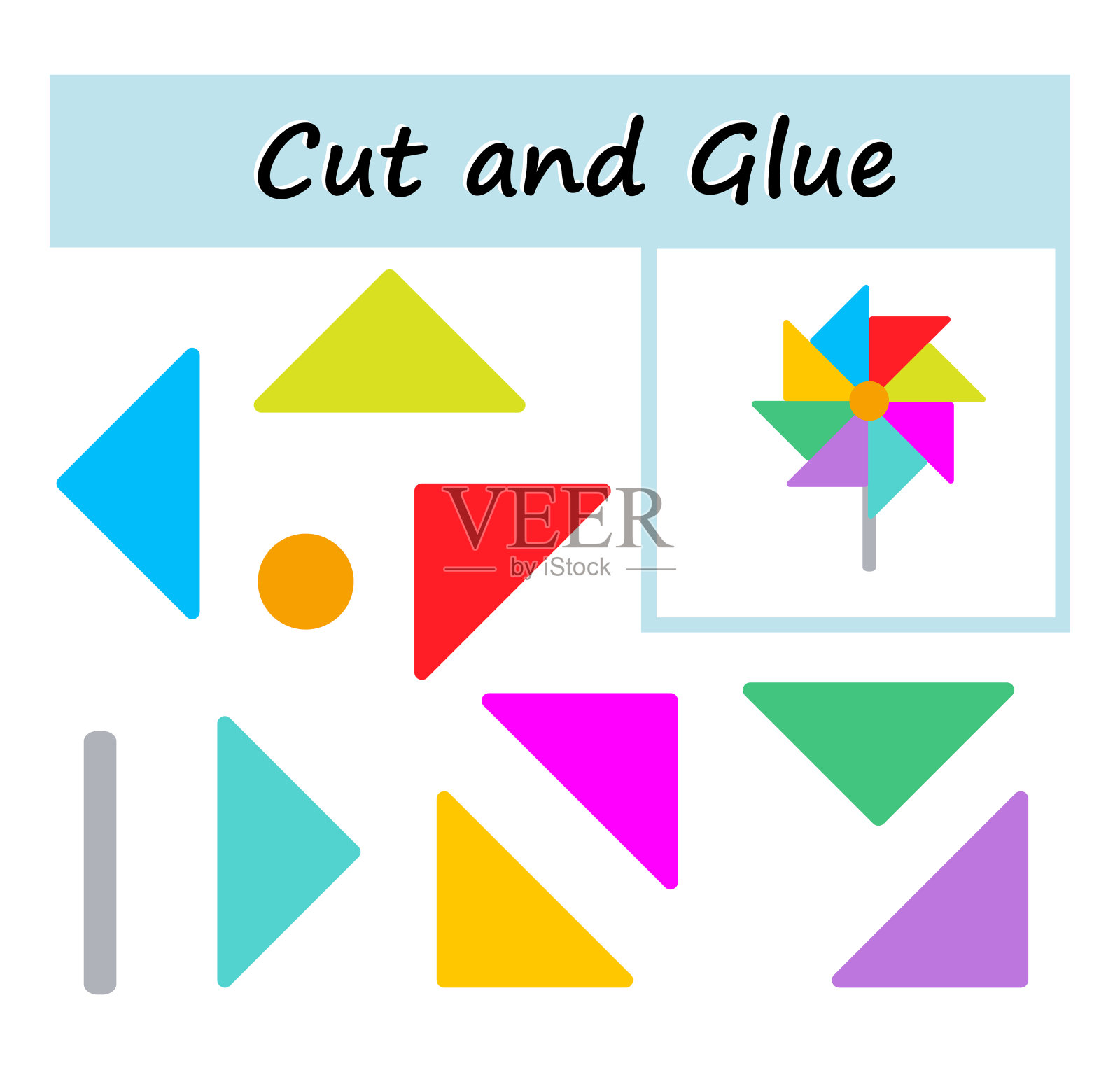 剪下图像的一部分,然后粘在纸上。DIY工作表。矢量插图的风车。插画图片素材