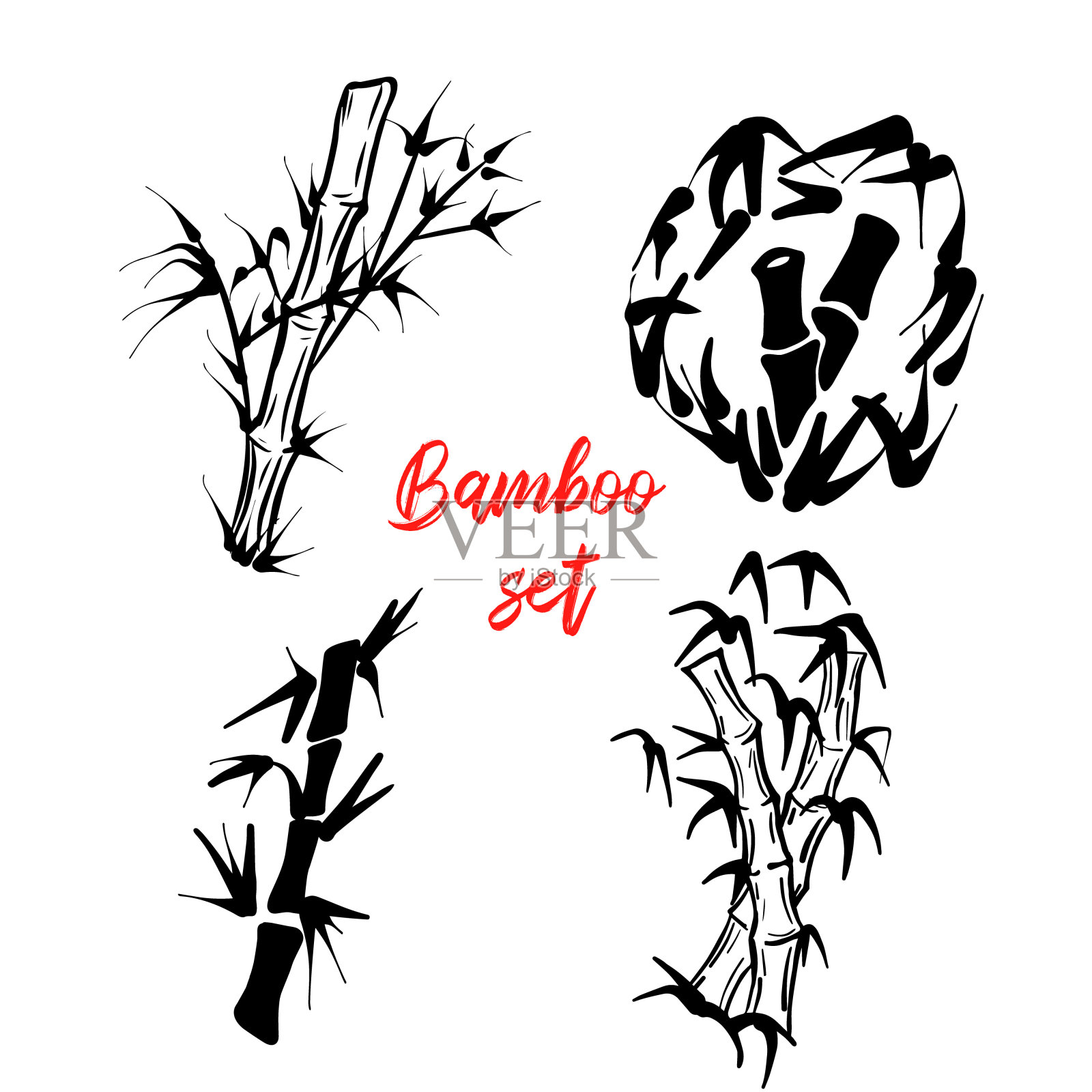 竹元素集。热带丛林的标志,树干和树叶。日本装饰元素的剪影。自然分支设置。插画图片素材
