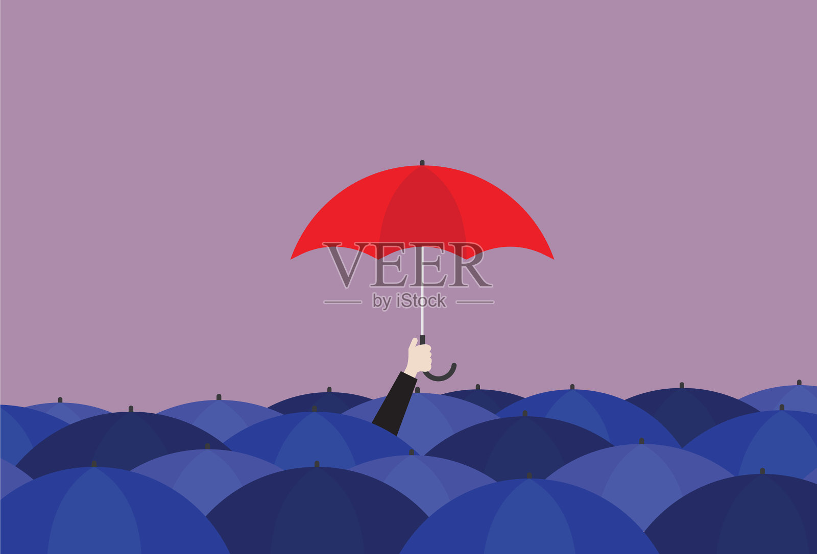 商人拿着红伞在人群中打着蓝伞插画图片素材