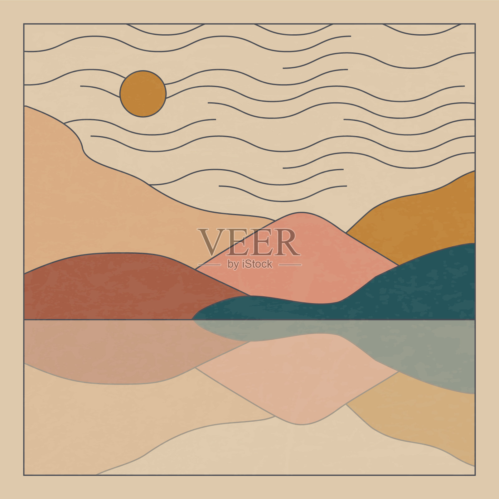 极简主义的景观与湖泊和山脉印刷。抽象的日落插画图片素材