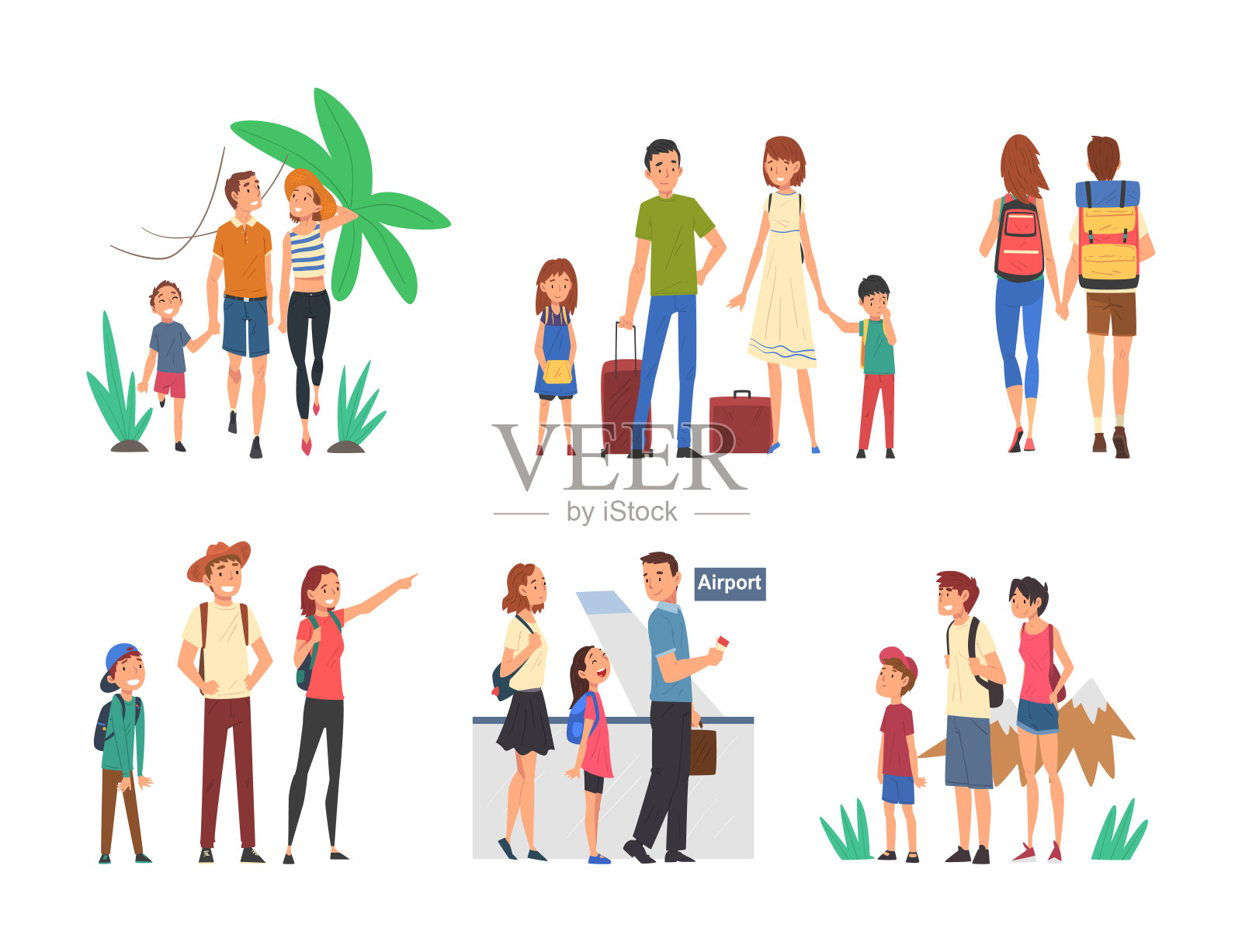 家庭度假与父母和孩子一起旅行向量集插画图片素材